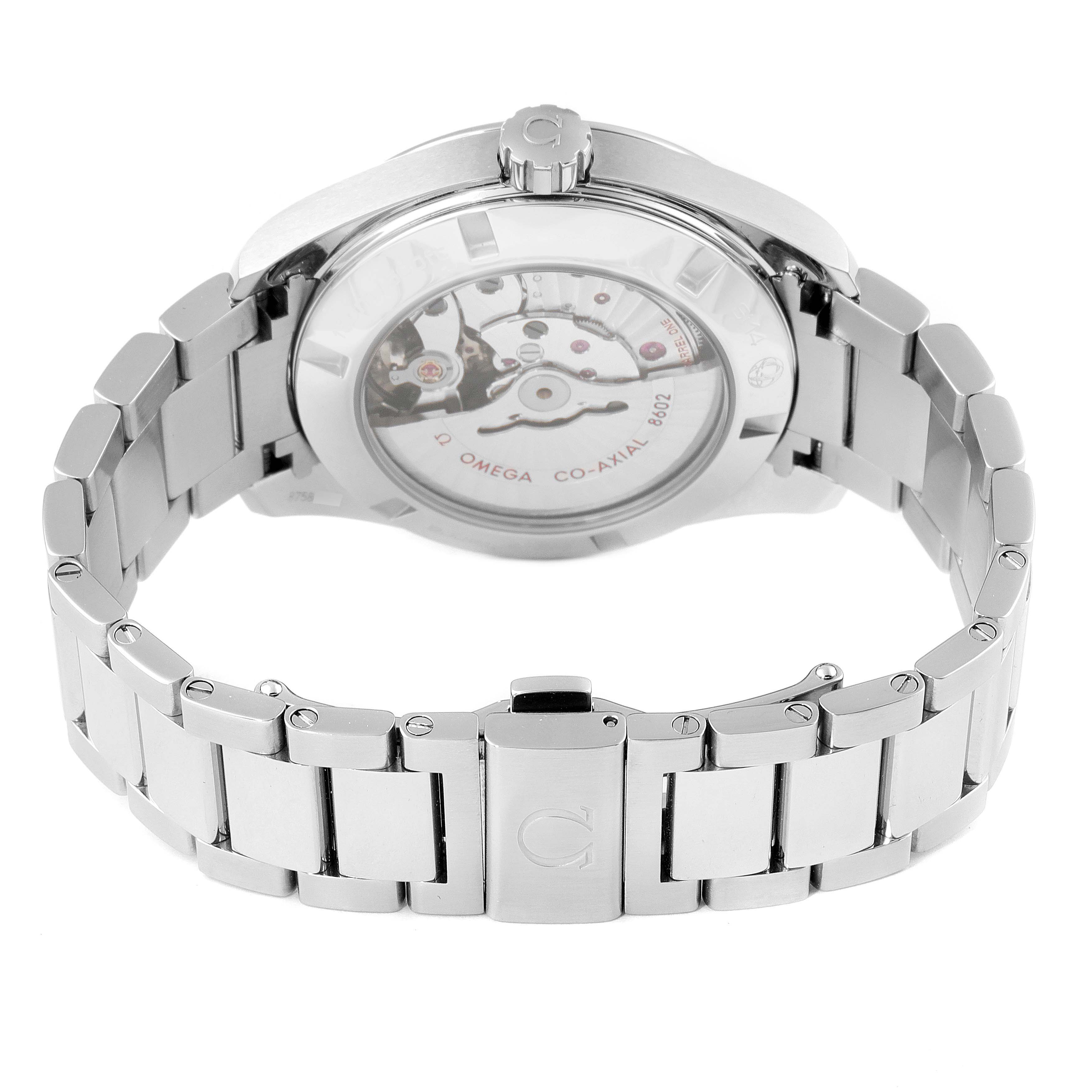 The image shows the back view of the Omega Aqua Terra 231.13.42.22.03.001 Men
s Stainless Steel Blue Dial 231.13.42.22.03.001 Men
s Stainless Steel Blue Dial watch, highlighting its stainless steel bracelet and transparent case back revealing the movement.