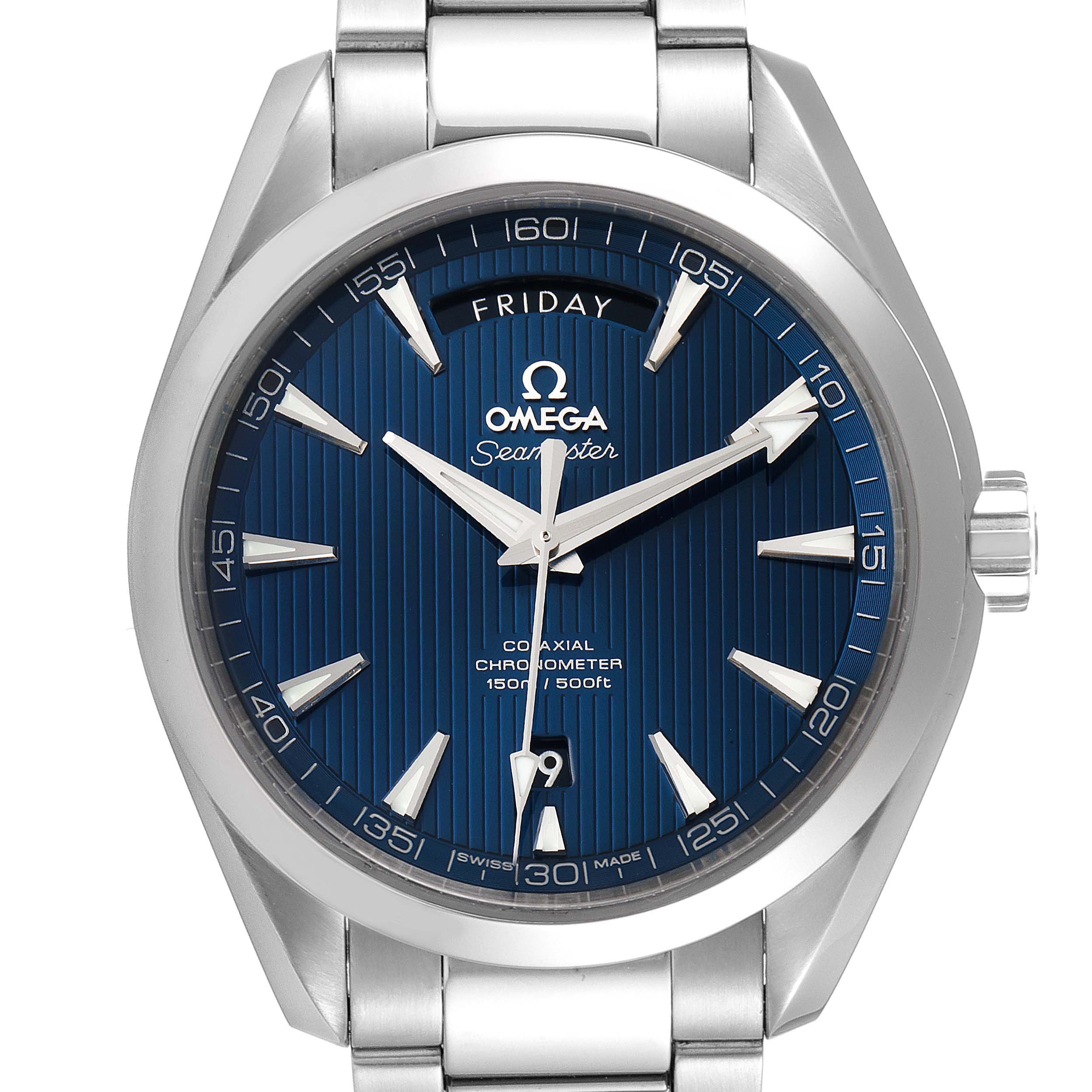 The Omega Aqua Terra 231.13.42.22.03.001 Men
s Stainless Steel Blue Dial 231.13.42.22.03.001 Men
s Stainless Steel Blue Dial watch is shown from the front, highlighting its face, bezel, hands, markers, and part of the bracelet.