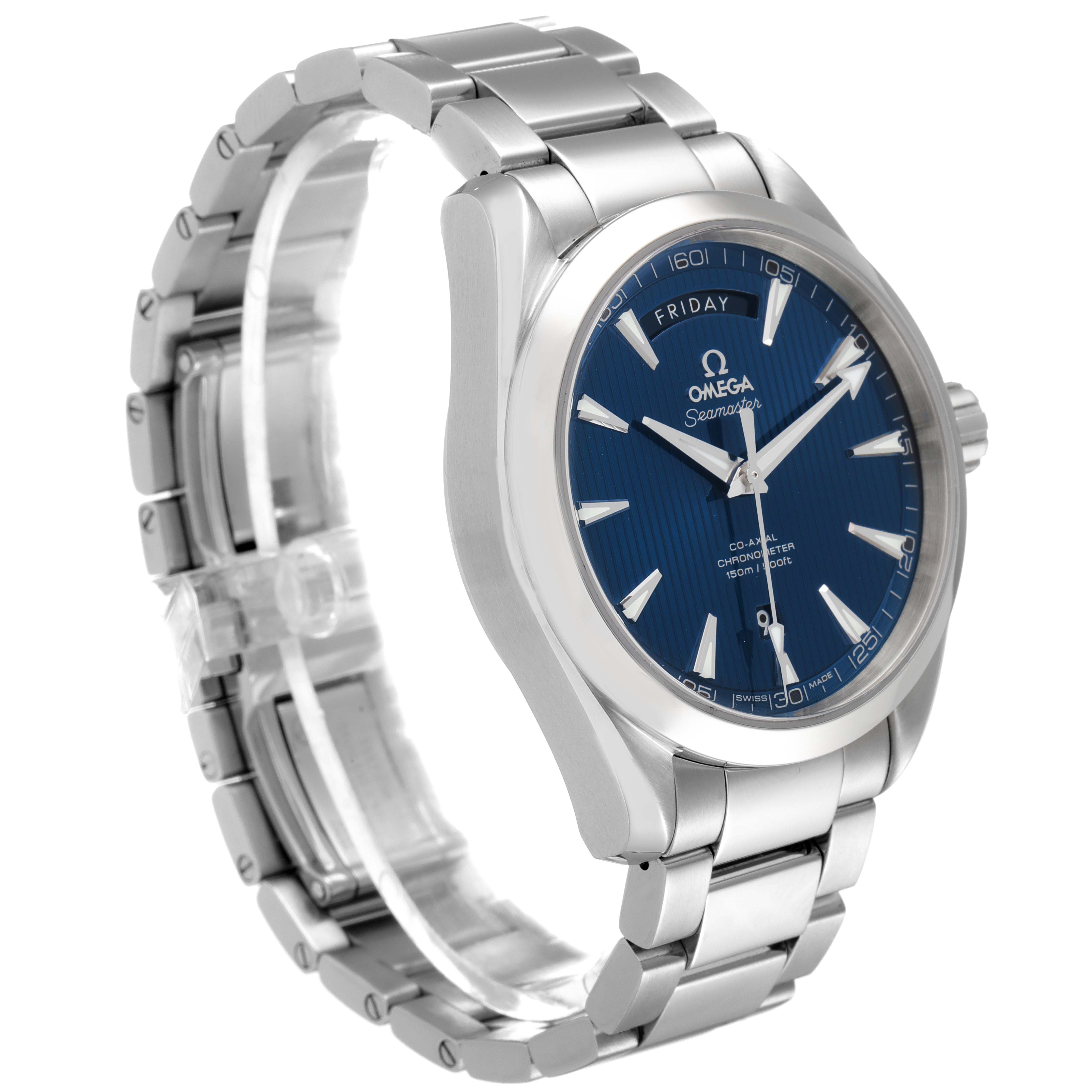 This image shows an angled side view of an Omega Aqua Terra 231.13.42.22.03.001 Men
s Stainless Steel Blue Dial 231.13.42.22.03.001 Men
s Stainless Steel Blue Dial watch, highlighting its stainless steel band and blue dial.