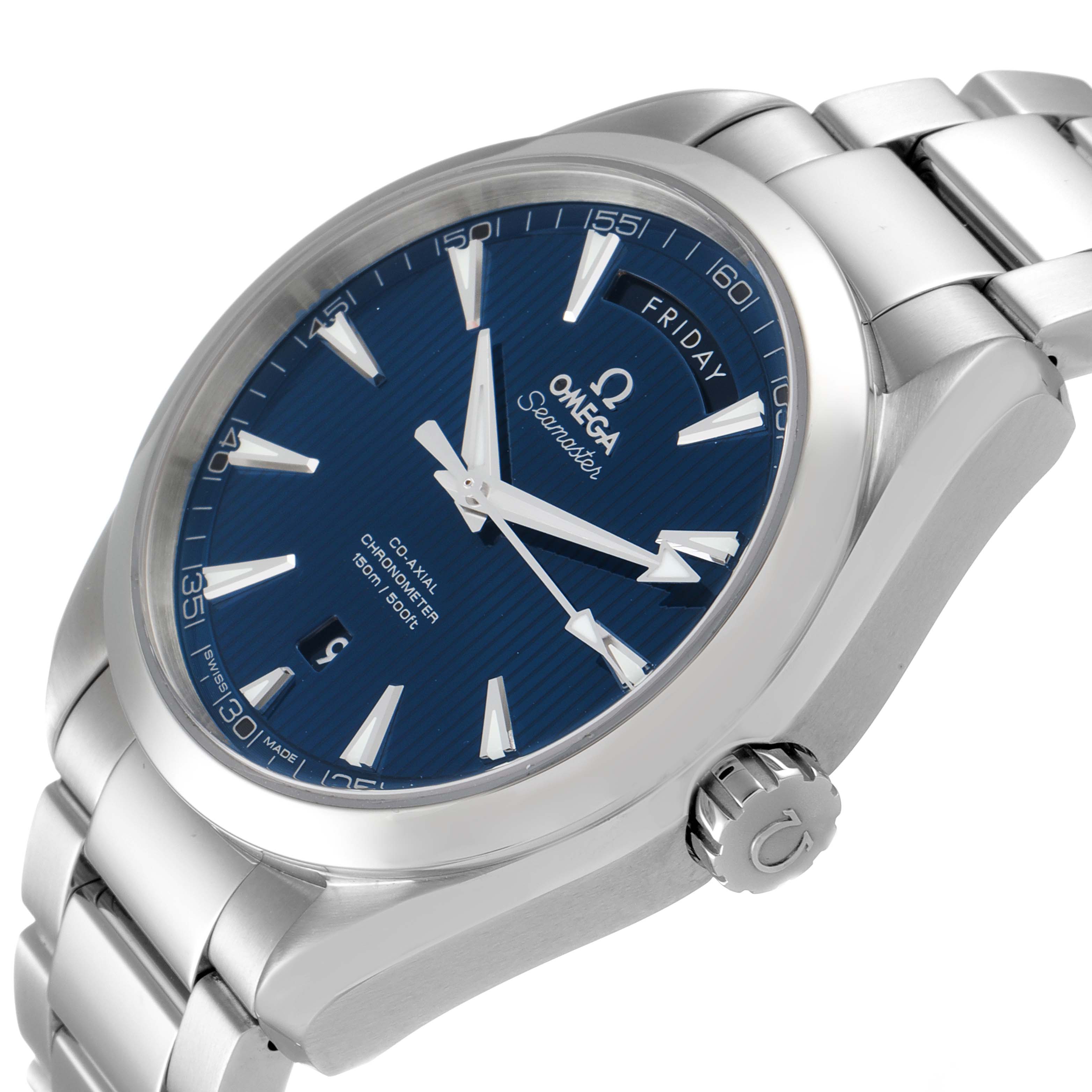 The image shows a side angle of the Omega Aqua Terra 231.13.42.22.03.001 Men
s Stainless Steel Blue Dial 231.13.42.22.03.001 Men
s Stainless Steel Blue Dial watch, highlighting its blue dial, silver bracelet, and crown.