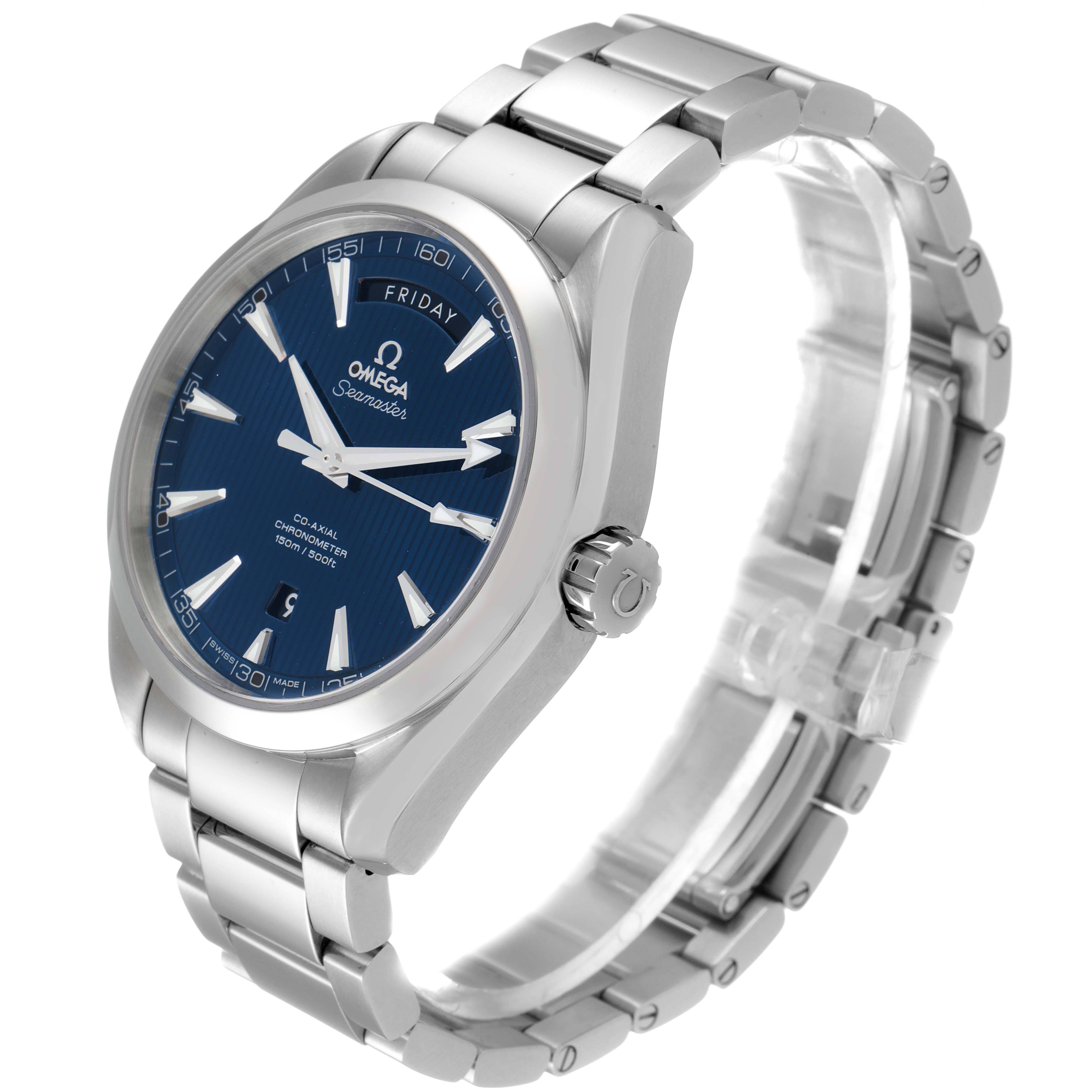 The Omega Aqua Terra 231.13.42.22.03.001 Men
s Stainless Steel Blue Dial 231.13.42.22.03.001 Men
s Stainless Steel Blue Dial watch is shown in a three-quarter angle, displaying its blue dial, bracelet, and crown.