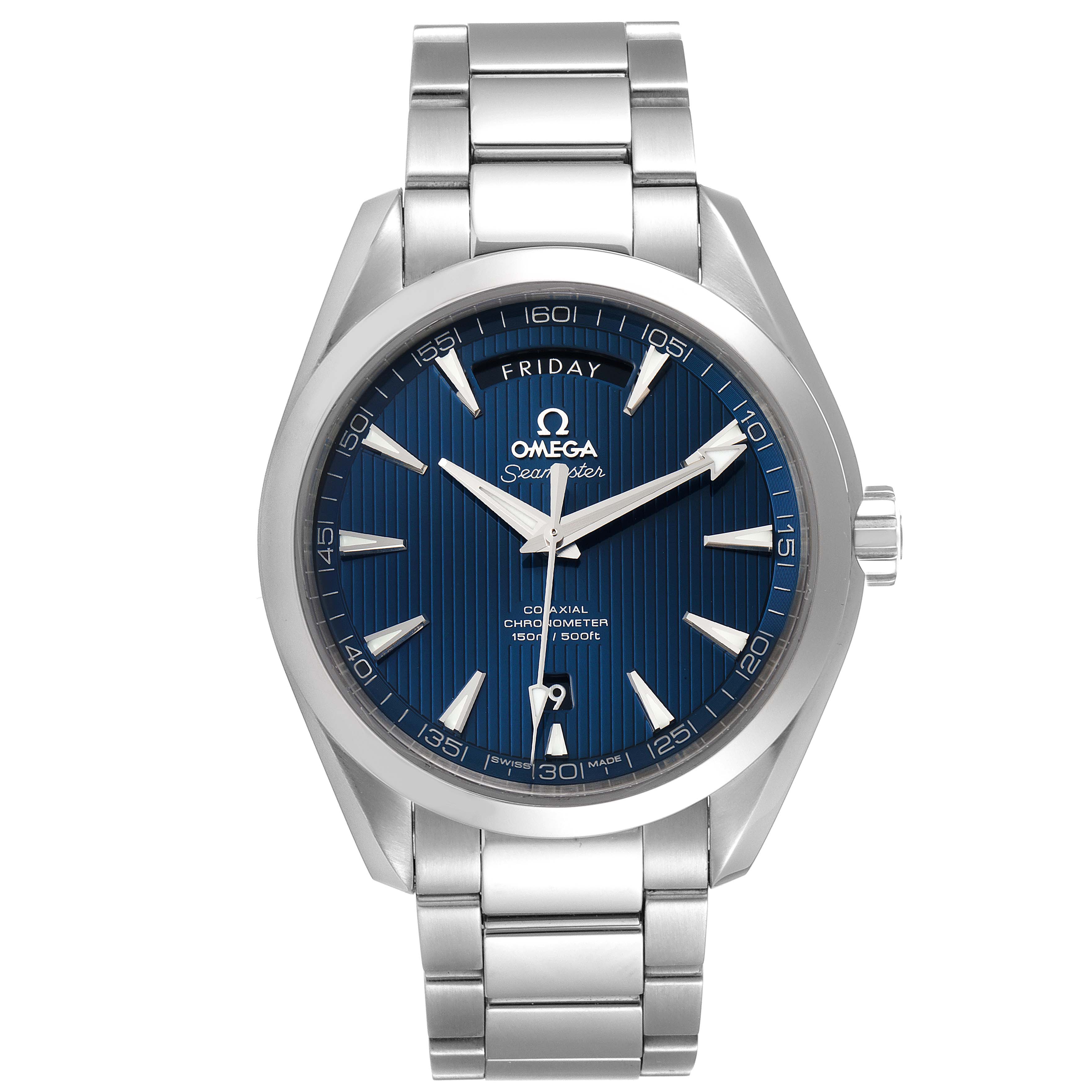 This image shows a front view of an Omega Aqua Terra 231.13.42.22.03.001 Men
s Stainless Steel Blue Dial 231.13.42.22.03.001 Men
s Stainless Steel Blue Dial watch, displaying its face, hands, markers, and metal bracelet.