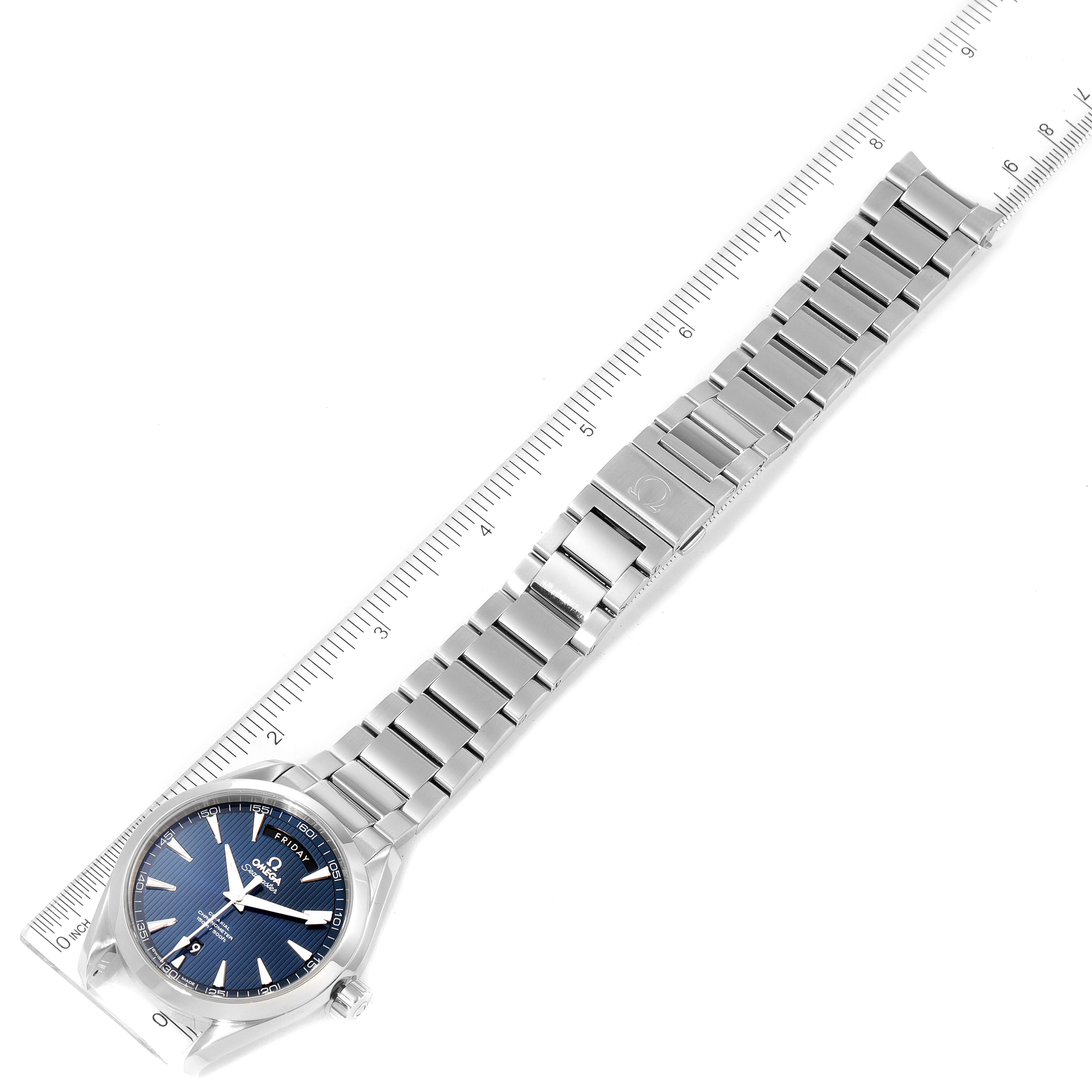 The image shows an Omega Aqua Terra 231.13.42.22.03.001 Men
s Stainless Steel Blue Dial 231.13.42.22.03.001 Men
s Stainless Steel Blue Dial watch laid flat alongside a ruler, displaying the face, bracelet, and clasp.