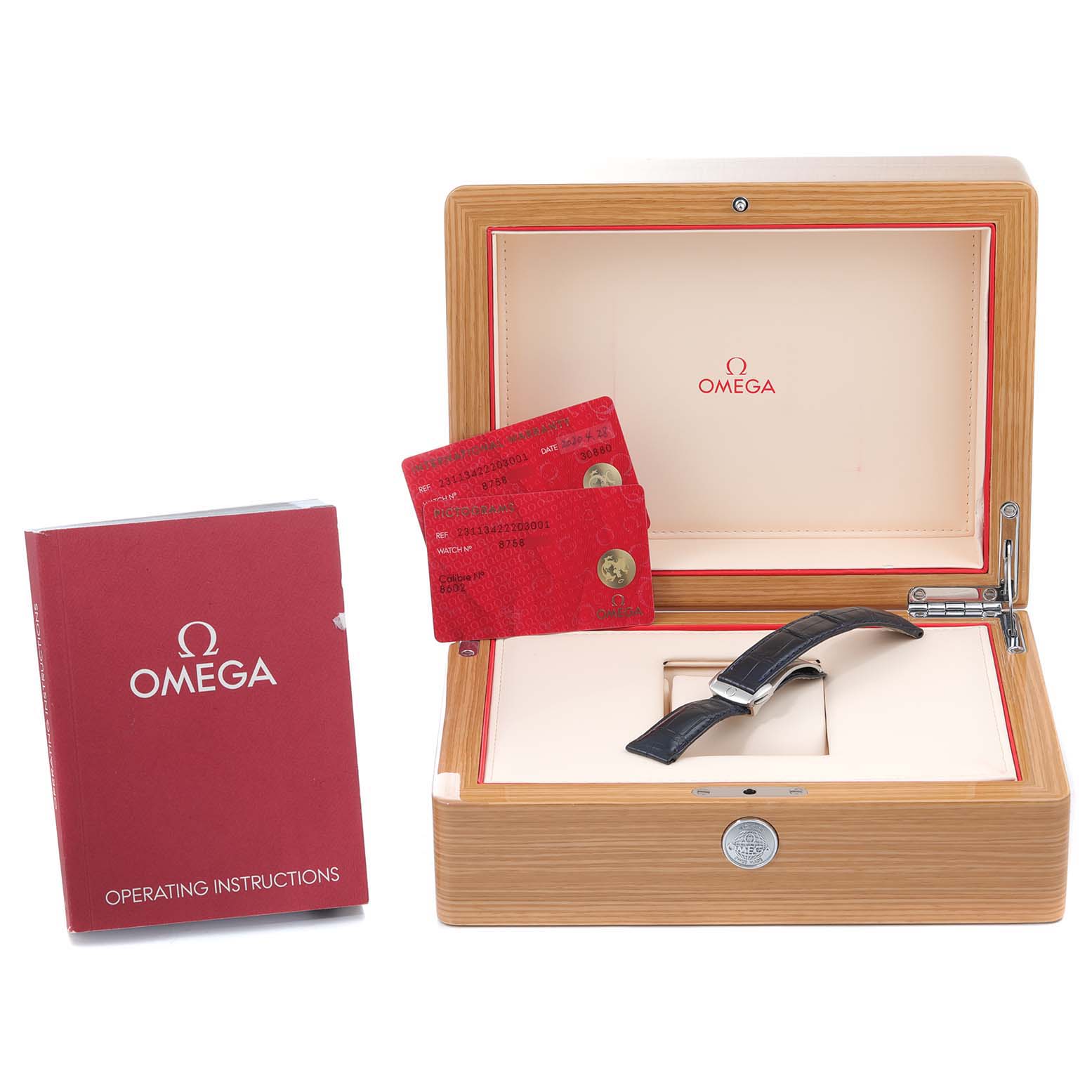 The image shows Omega Aqua Terra 231.13.42.22.03.001 Men
s Stainless Steel Blue Dial 231.13.42.22.03.001 Men
s Stainless Steel Blue Dial watch accessories including a box, booklets, and cards, with the box lid open.