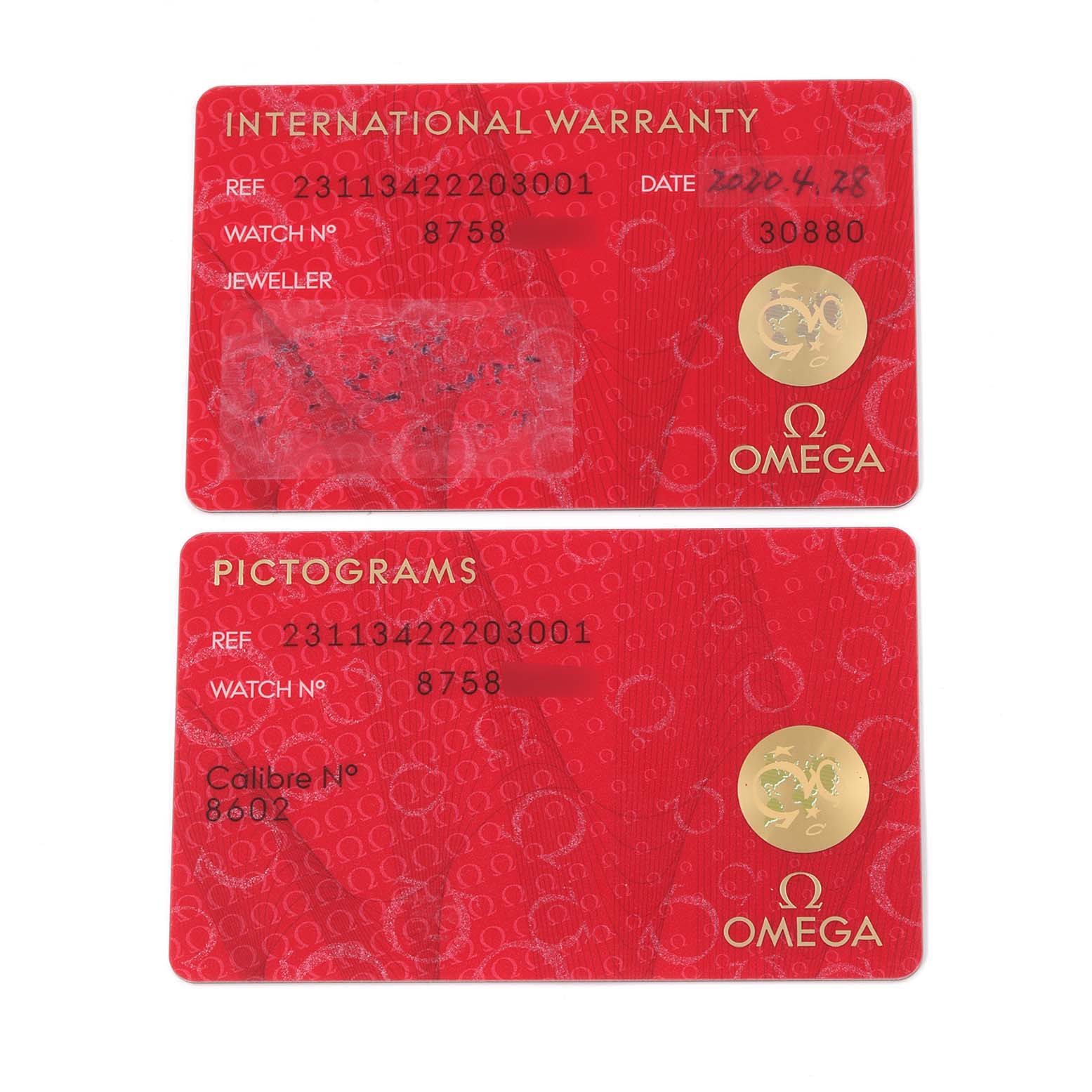 The image shows an international warranty card and a pictograms card for an Omega Aqua Terra 231.13.42.22.03.001 Men
s Stainless Steel Blue Dial 231.13.42.22.03.001 Men
s Stainless Steel Blue Dial watch model.