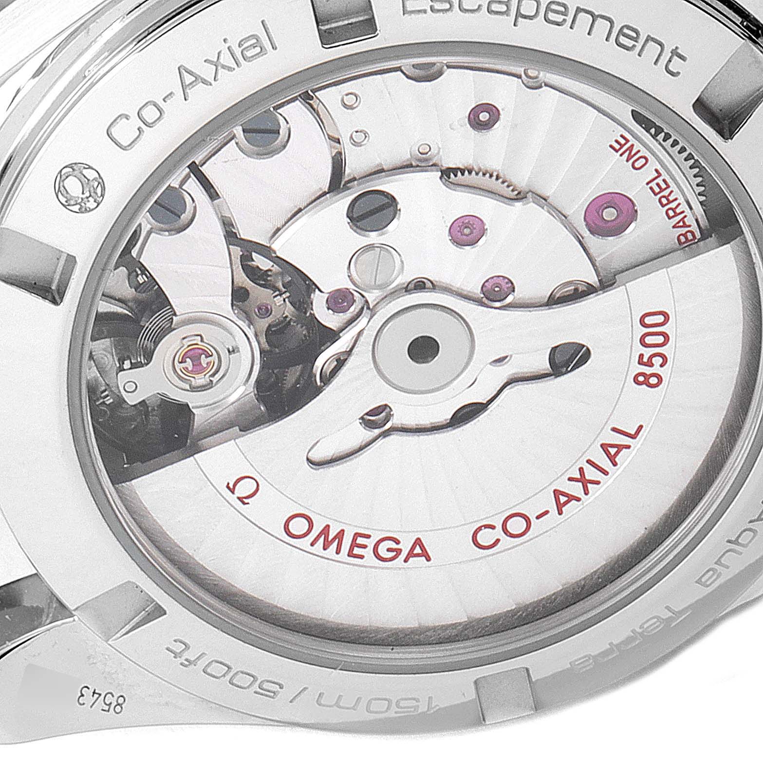 The image shows the movement and internal mechanism of the Omega Aqua Terra 231.20.39.21.55.001 Men's Steel and Gold (two tone) Mother of Pearl Dial 231.20.39.21.55.001 Men's Steel and Gold (two tone) Mother of Pearl Dial Co-Axial watch from the rear angle.