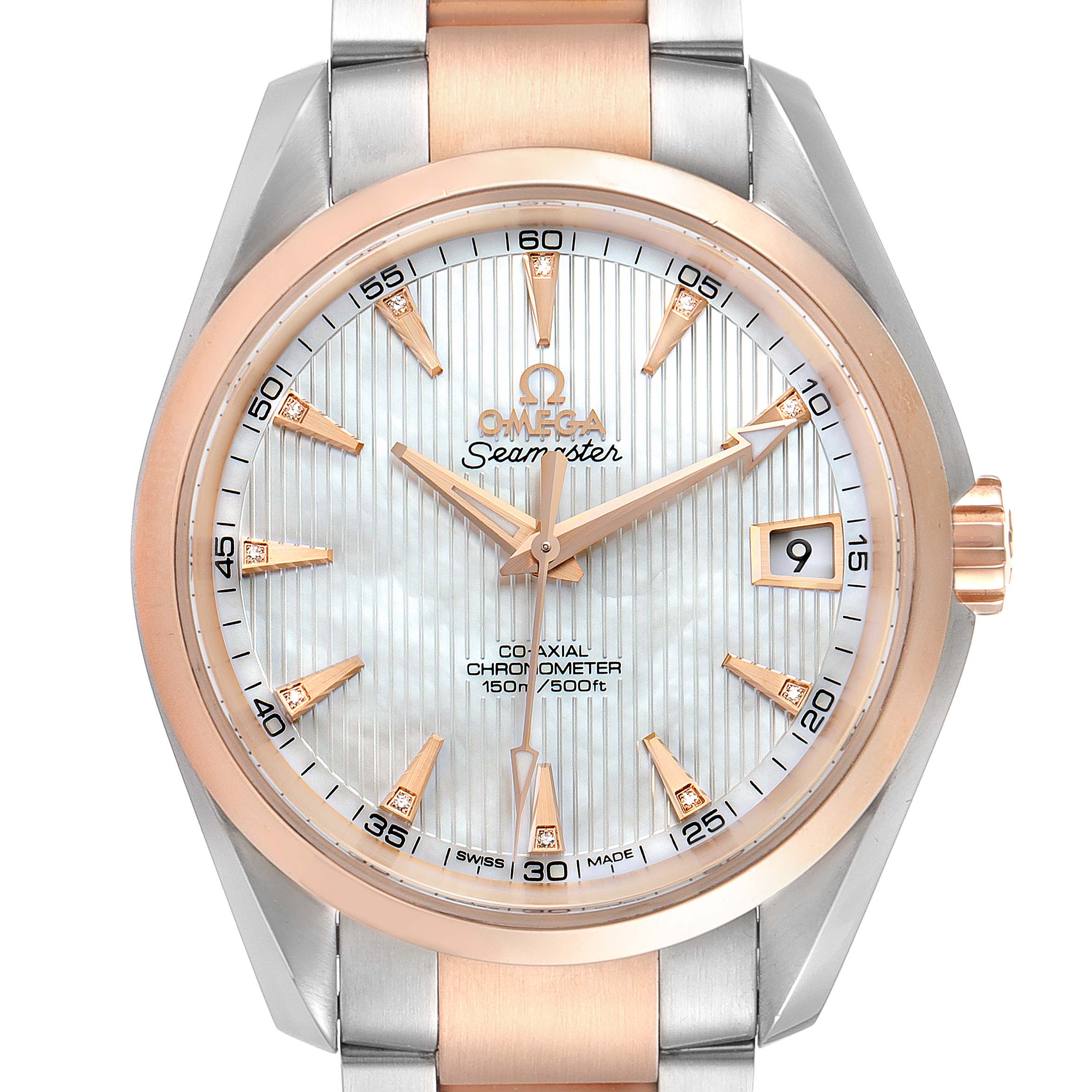 This is a frontal view of an Omega Aqua Terra 231.20.39.21.55.001 Men's Steel and Gold (two tone) Mother of Pearl Dial 231.20.39.21.55.001 Men's Steel and Gold (two tone) Mother of Pearl Dial watch, showing the dial, hands, date window, and part of the bracelet.