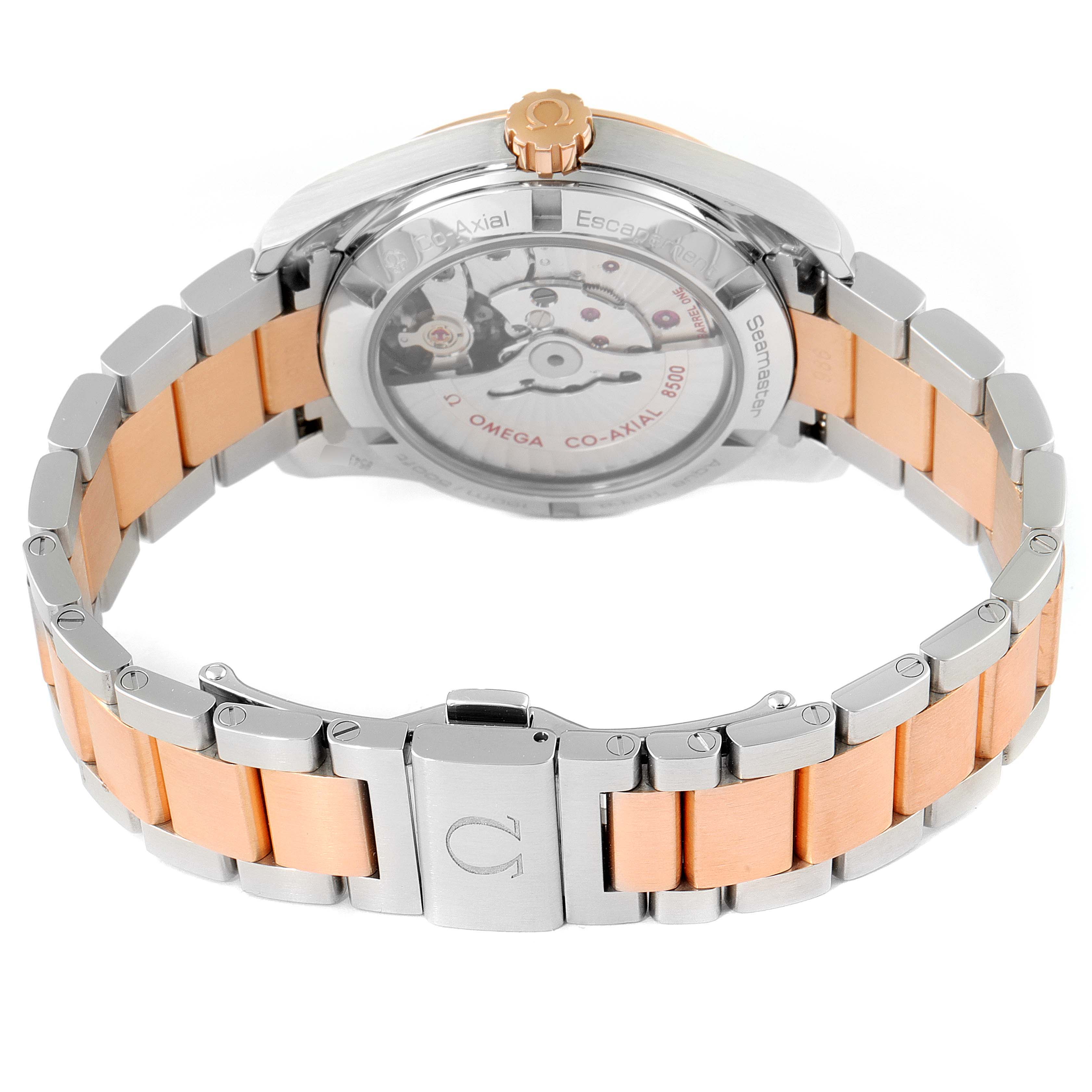 The image shows the back view and bracelet of the Omega Aqua Terra 231.20.39.21.55.001 Men's Steel and Gold (two tone) Mother of Pearl Dial 231.20.39.21.55.001 Men's Steel and Gold (two tone) Mother of Pearl Dial watch, highlighting its clasp and transparent case back.