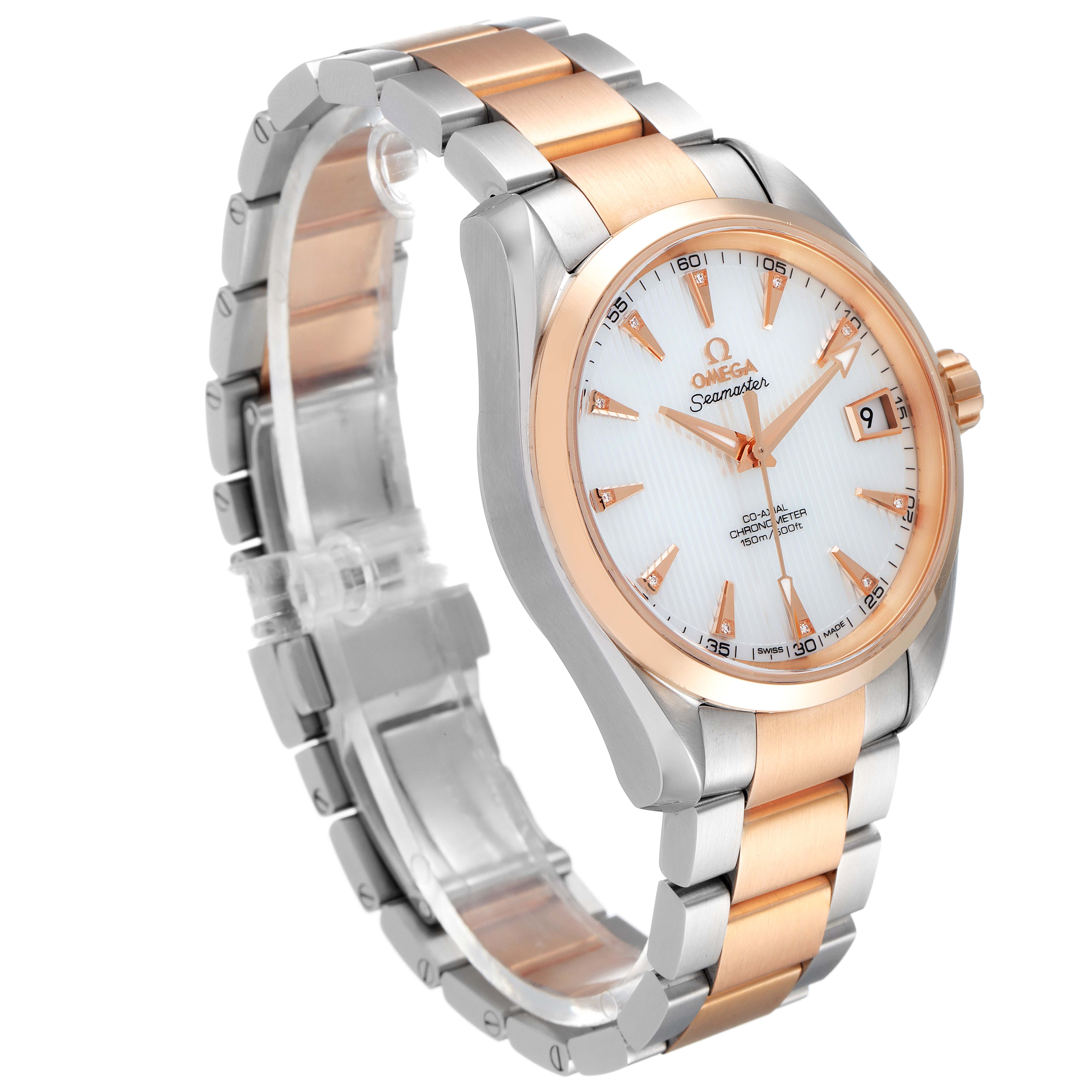 This Omega Aqua Terra 231.20.39.21.55.001 Men's Steel and Gold (two tone) Mother of Pearl Dial 231.20.39.21.55.001 Men's Steel and Gold (two tone) Mother of Pearl Dial model is shown at a three-quarter angle, featuring its dial, case, and bracelet in a two-tone design.