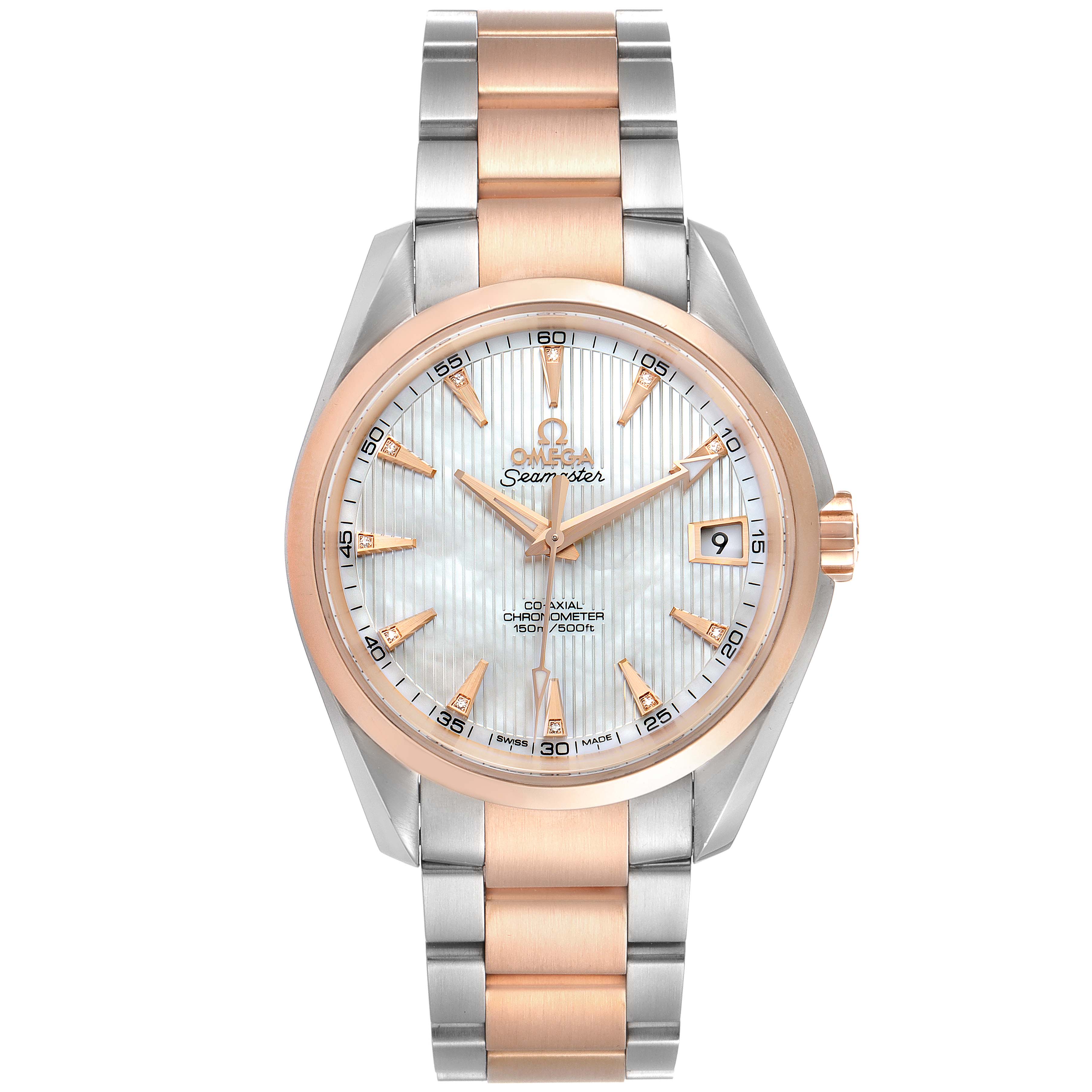The Omega Aqua Terra 231.20.39.21.55.001 Men's Steel and Gold (two tone) Mother of Pearl Dial 231.20.39.21.55.001 Men's Steel and Gold (two tone) Mother of Pearl Dial watch is shown from a front angle, displaying the face, bezel, and bracelet.