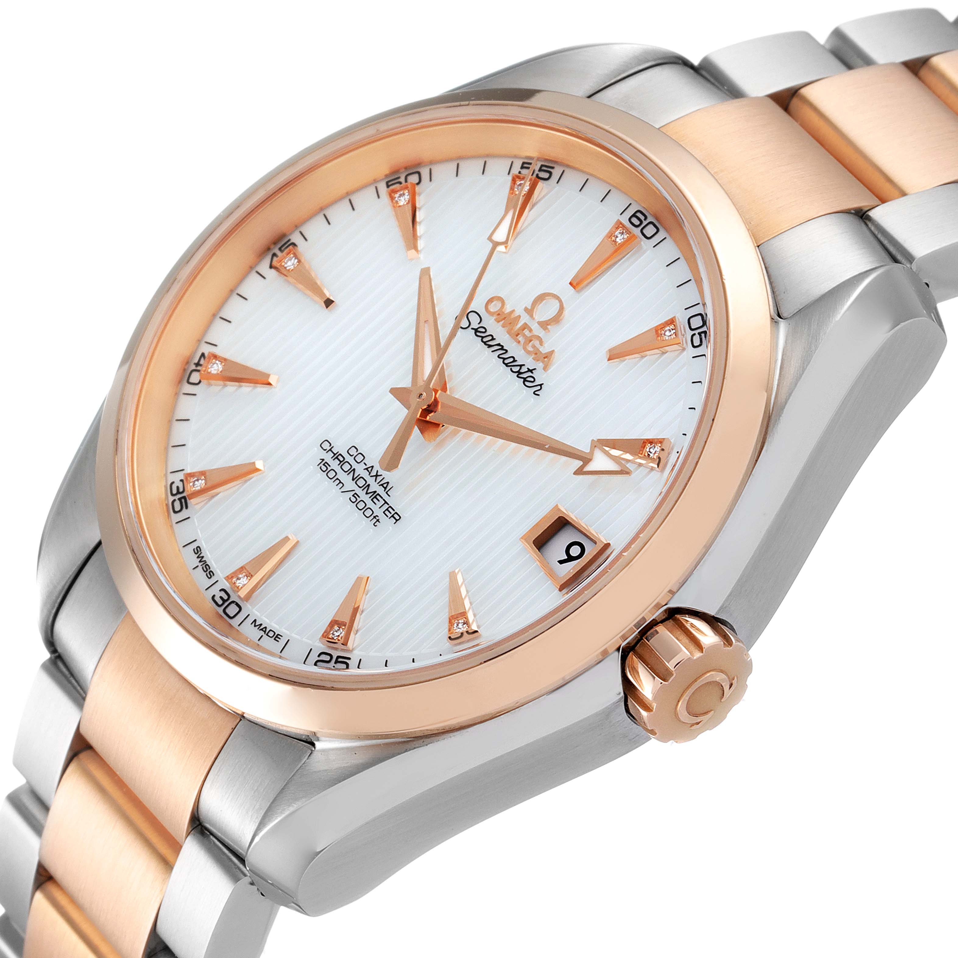 The Omega Aqua Terra 231.20.39.21.55.001 Men's Steel and Gold (two tone) Mother of Pearl Dial 231.20.39.21.55.001 Men's Steel and Gold (two tone) Mother of Pearl Dial watch is shown from a slightly angled top view, displaying the face, bezel, case, and part of the strap.