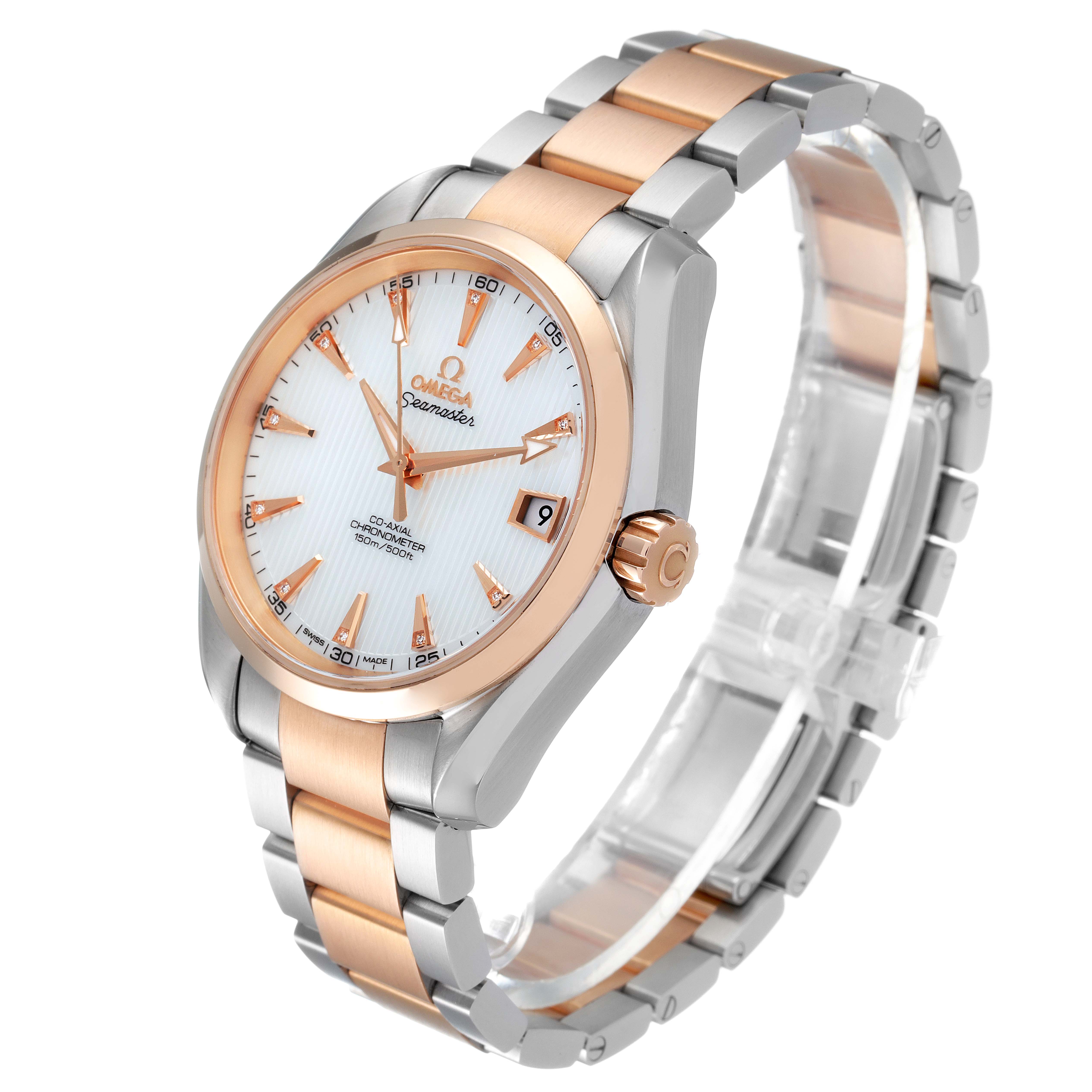 The Omega Aqua Terra 231.20.39.21.55.001 Men's Steel and Gold (two tone) Mother of Pearl Dial 231.20.39.21.55.001 Men's Steel and Gold (two tone) Mother of Pearl Dial watch is shown at a three-quarter angle, highlighting its two-tone bracelet, dial, crown, and bezel.