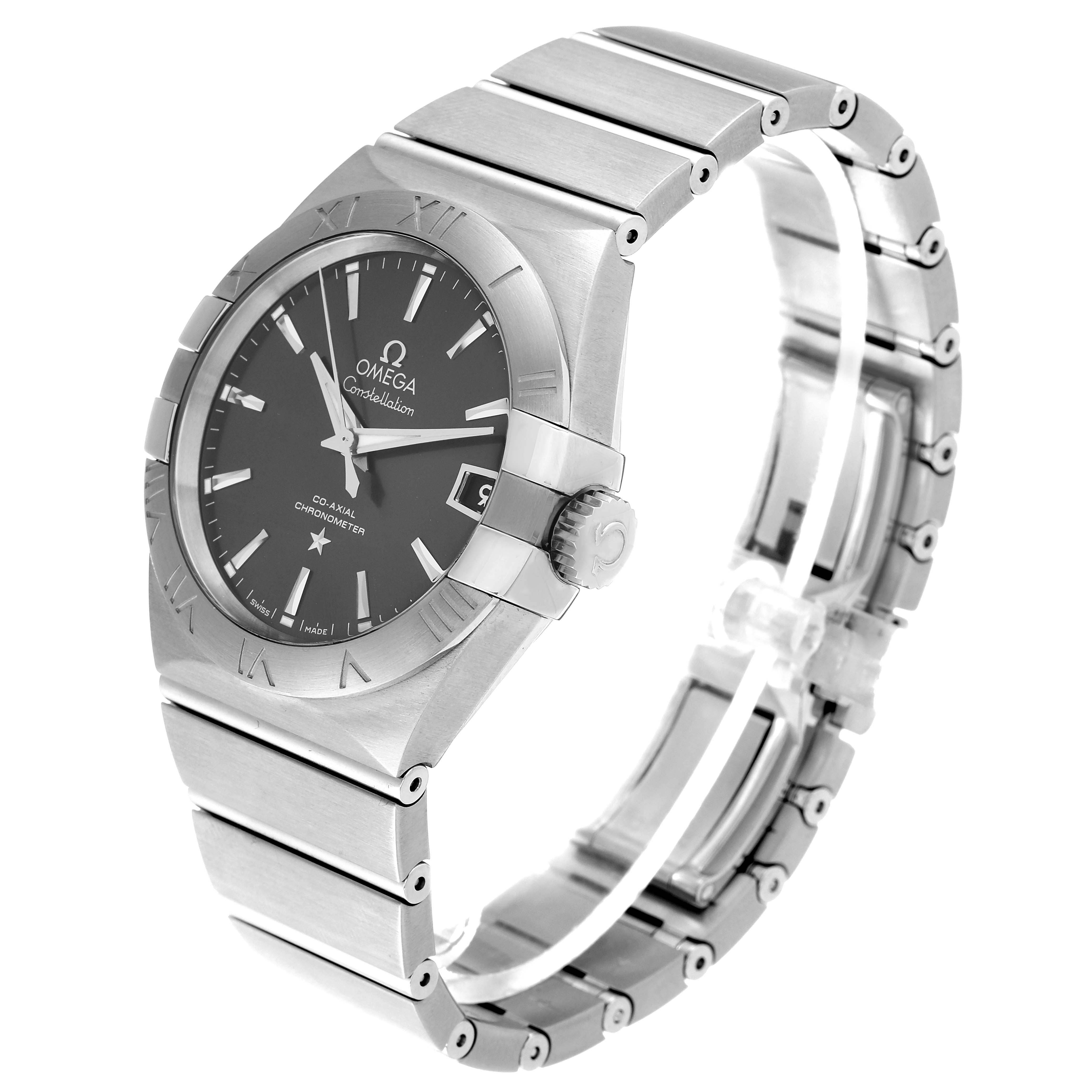 The Omega Constellation 123.10.38.21.06.001 Men's Stainless Steel Grey Dial 123.10.38.21.06.001 Men's Stainless Steel Grey Dial watch is shown at a three-quarter angle, highlighting its face, bracelet, and clasp.