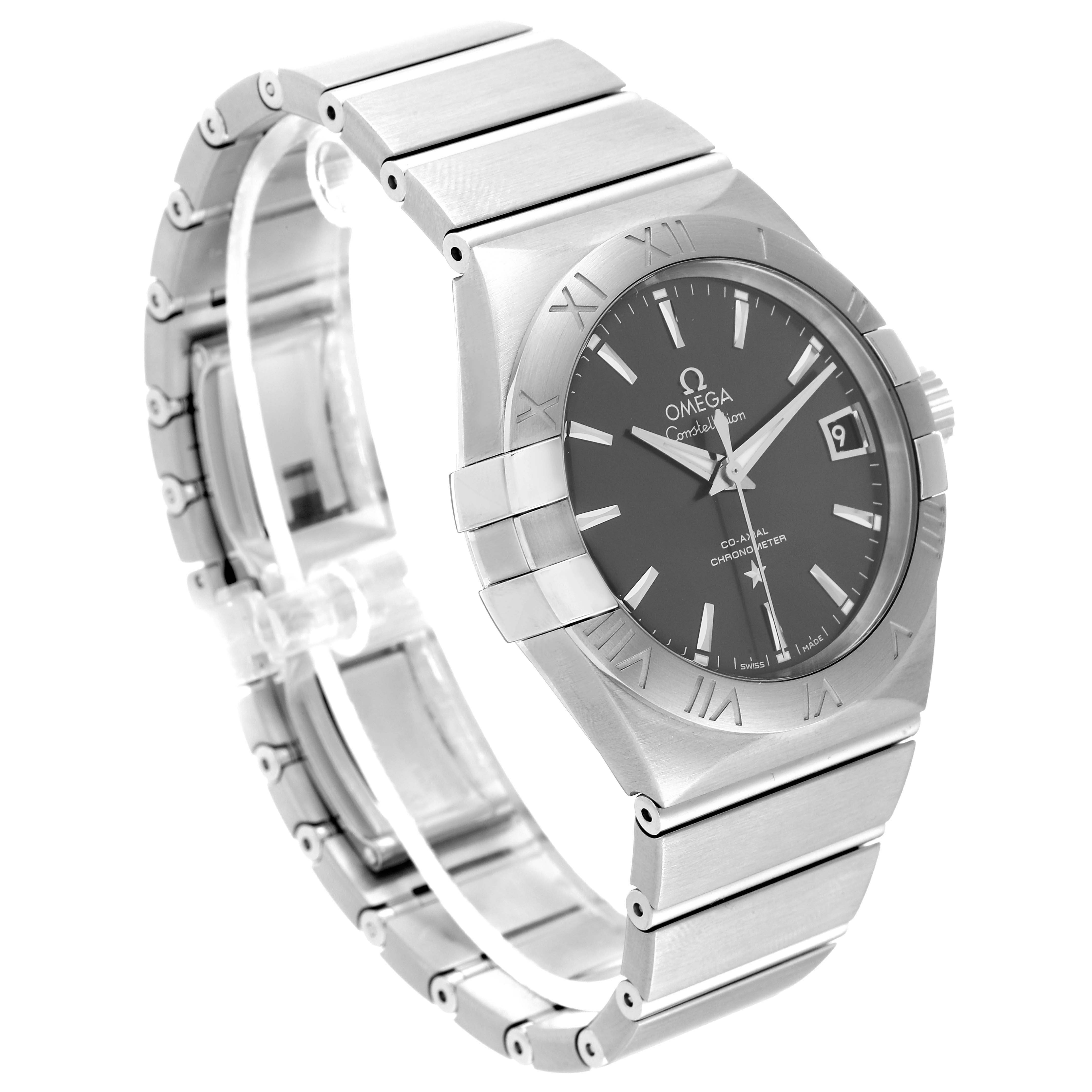 The Omega Constellation 123.10.38.21.06.001 Men's Stainless Steel Grey Dial 123.10.38.21.06.001 Men's Stainless Steel Grey Dial watch is shown at an angled side view, highlighting the bezel, dial, bracelet, and clasp.