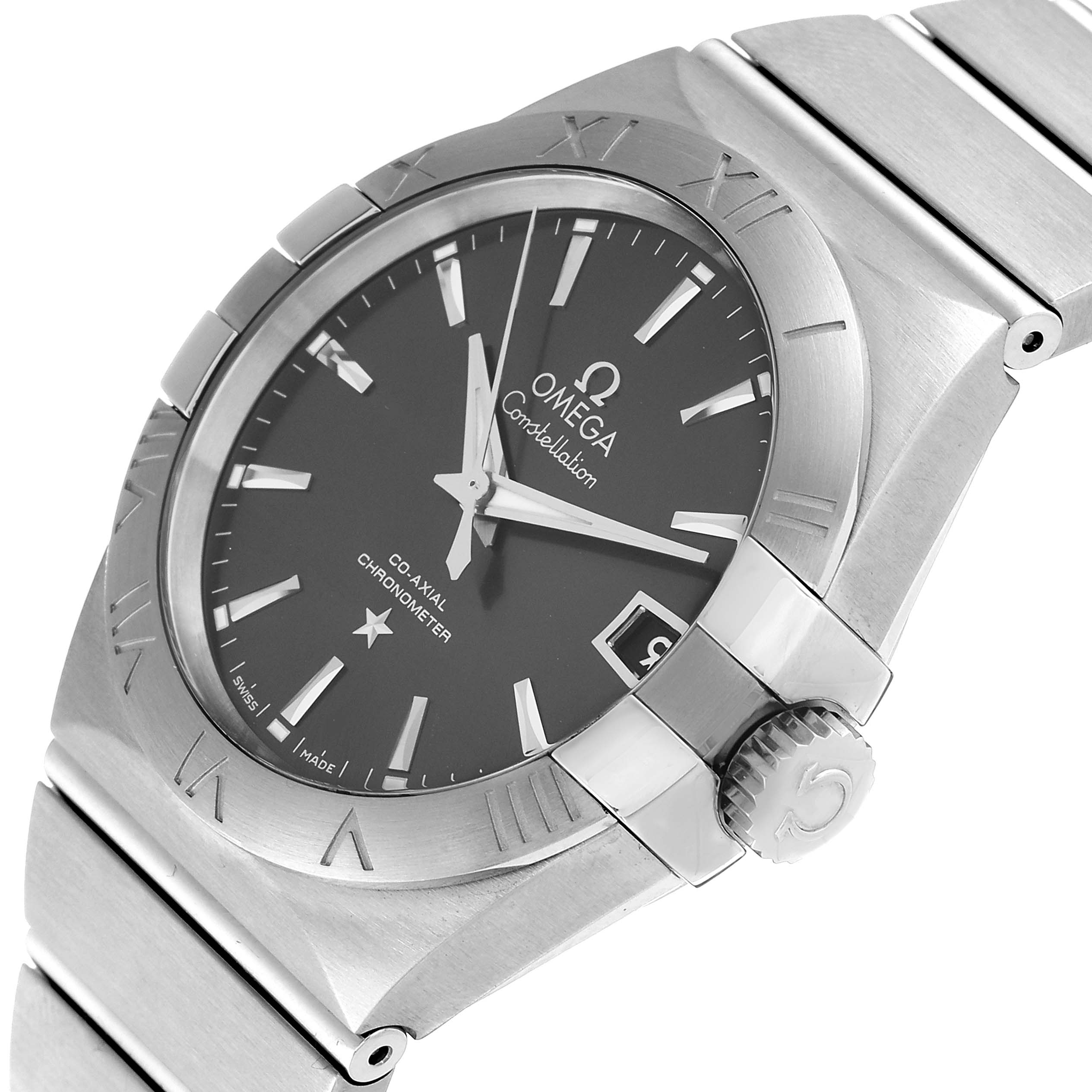 The image shows the Omega Constellation 123.10.38.21.06.001 Men's Stainless Steel Grey Dial 123.10.38.21.06.001 Men's Stainless Steel Grey Dial watch at a slight angle, highlighting the face, bezel, crown, and part of the bracelet.