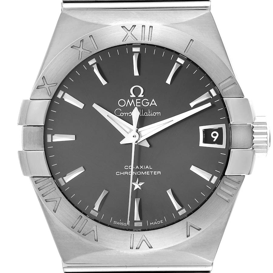 This image shows a front view of the Omega Constellation watch, highlighting its dial, Roman numeral bezel, and crown.