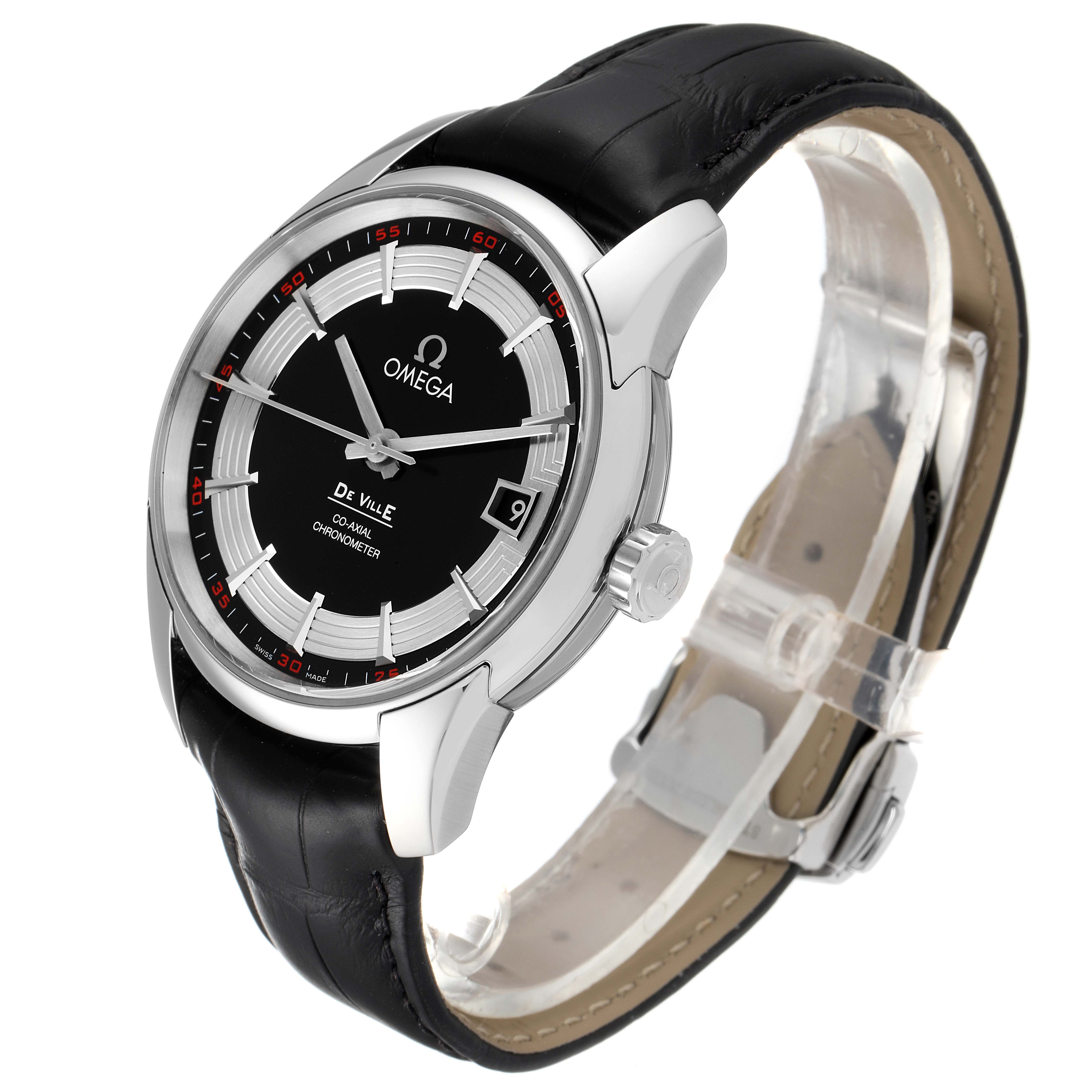 The Omega De Ville 431.33.41.21.01.001 Men
s Stainless Steel Black Dial 431.33.41.21.01.001 Men
s Stainless Steel Black Dial watch is shown at a three-quarter angle, highlighting the black dial, stainless steel case, and black leather strap.