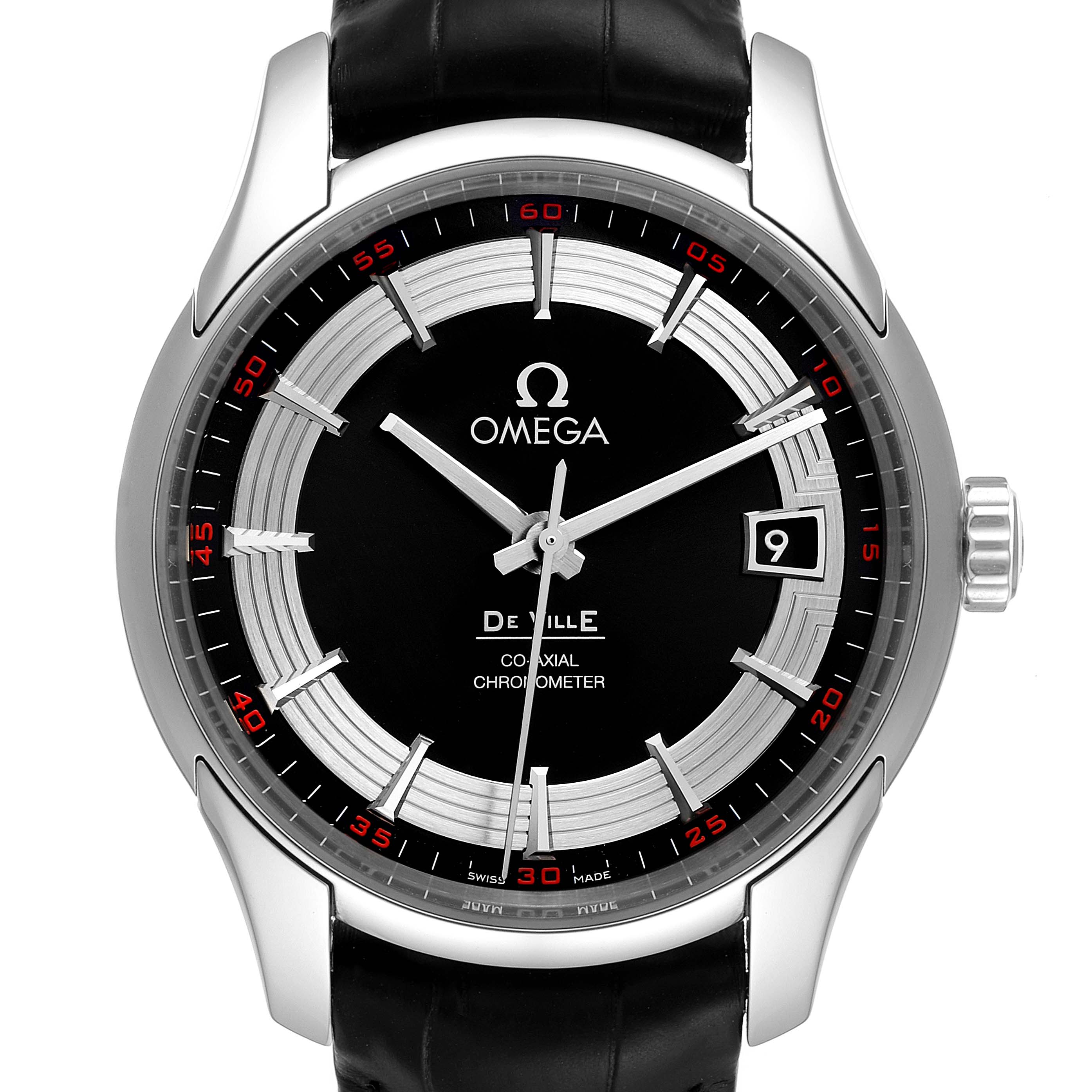 The image shows a front view of an Omega De Ville 431.33.41.21.01.001 Men
s Stainless Steel Black Dial 431.33.41.21.01.001 Men
s Stainless Steel Black Dial watch displaying the face, hands, date window, and part of the strap.