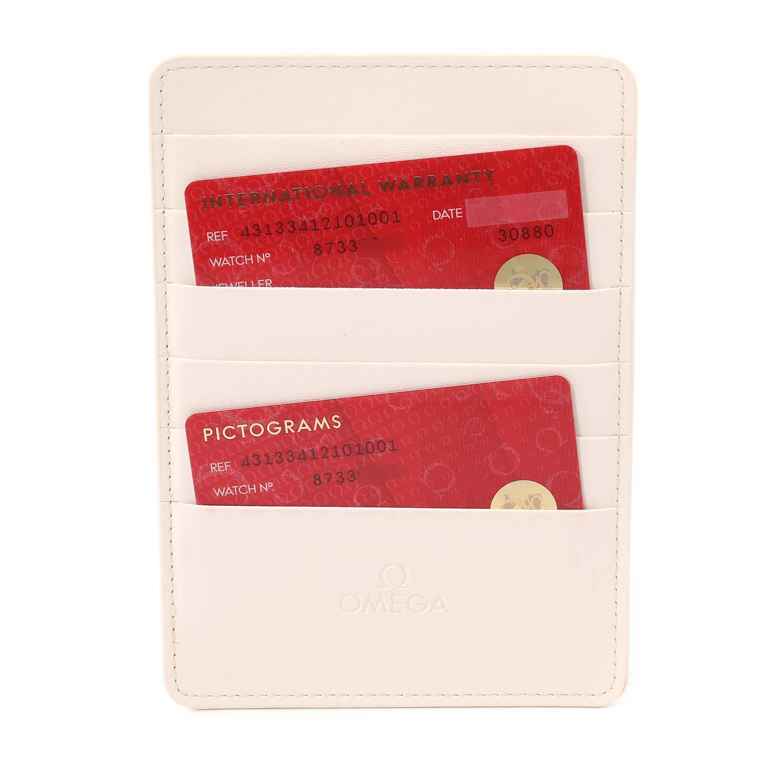 A frontal view of an Omega De Ville 431.33.41.21.01.001 Men
s Stainless Steel Black Dial 431.33.41.21.01.001 Men
s Stainless Steel Black Dial watch holder containing warranty and pictogram cards.