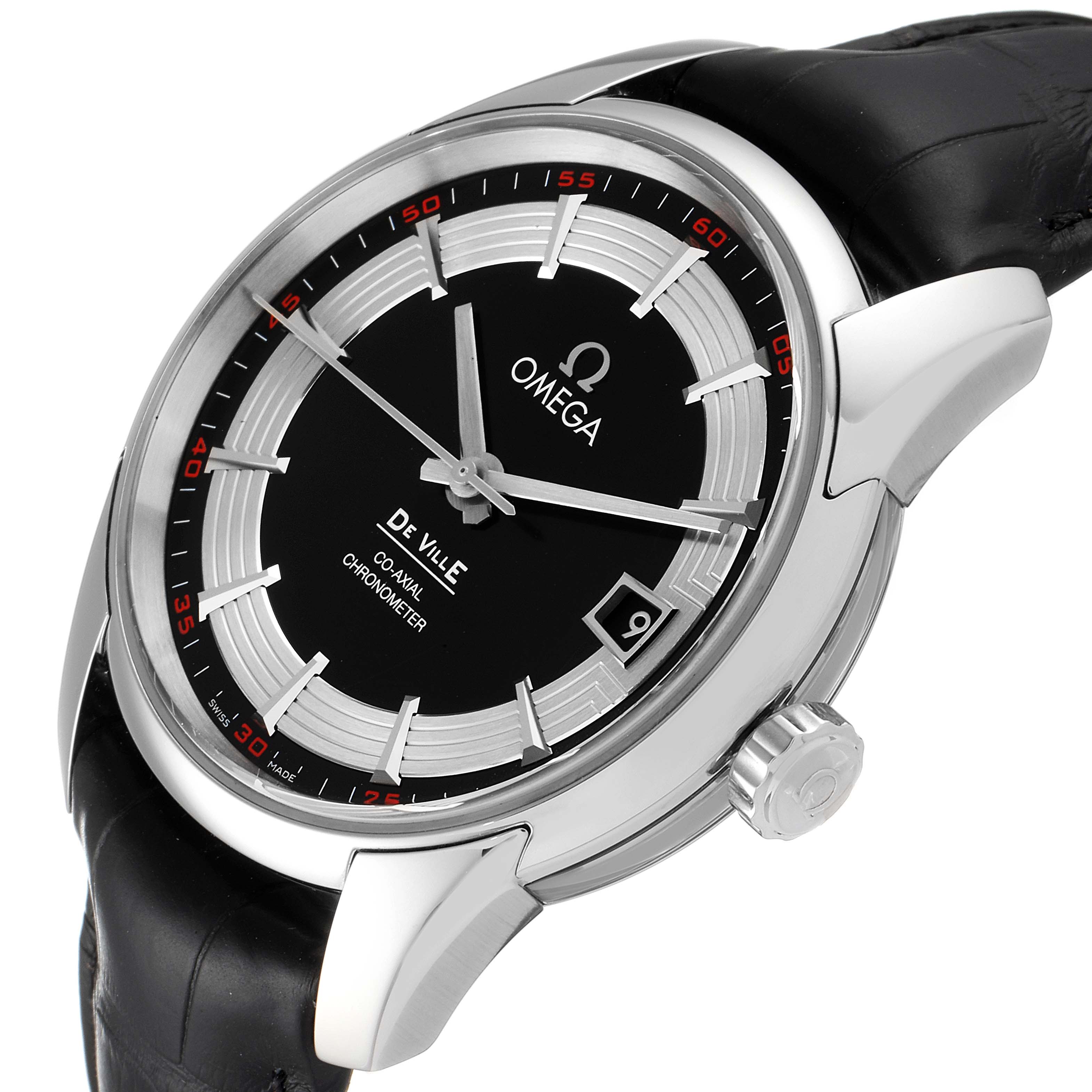 The Omega De Ville 431.33.41.21.01.001 Men
s Stainless Steel Black Dial 431.33.41.21.01.001 Men
s Stainless Steel Black Dial watch is shown at an angled view highlighting its face, bezel, crown, and part of its leather strap.