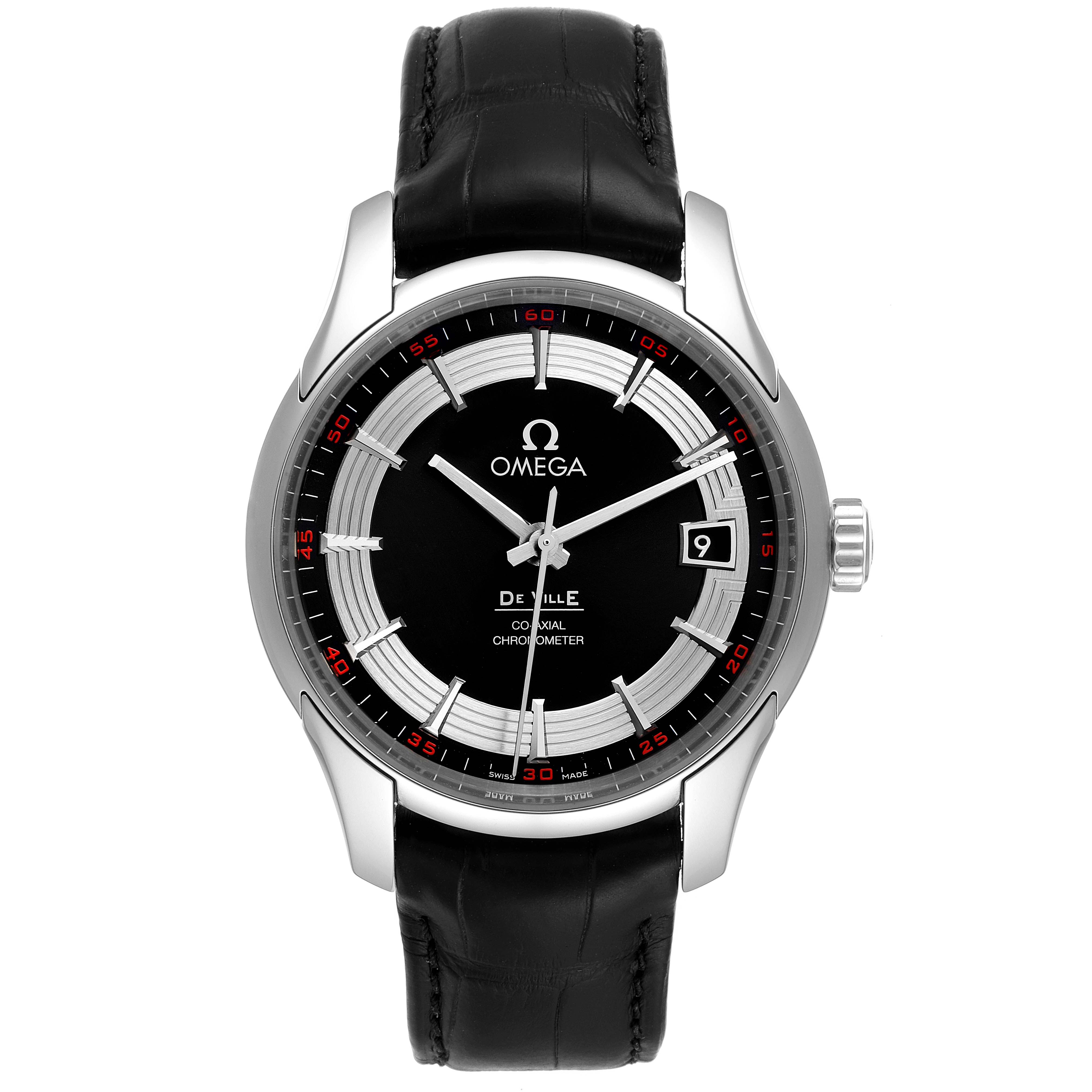 This is a frontal view of the Omega De Ville 431.33.41.21.01.001 Men
s Stainless Steel Black Dial 431.33.41.21.01.001 Men
s Stainless Steel Black Dial watch, showing the face, hands, date window, and black leather strap.