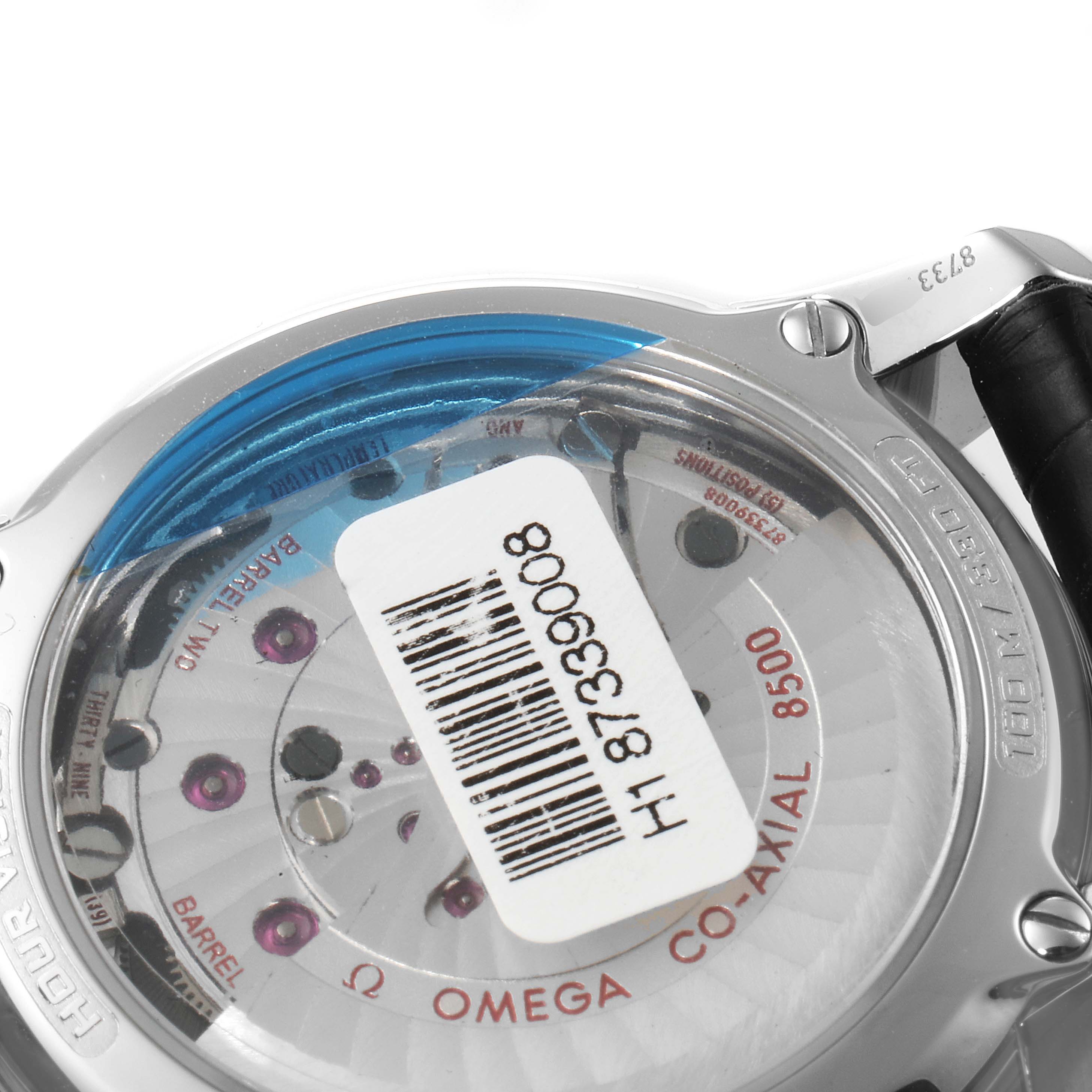 The image shows the back case and mechanism of an Omega De Ville 431.33.41.21.01.001 Men
s Stainless Steel Black Dial 431.33.41.21.01.001 Men
s Stainless Steel Black Dial watch at a close-up angle.