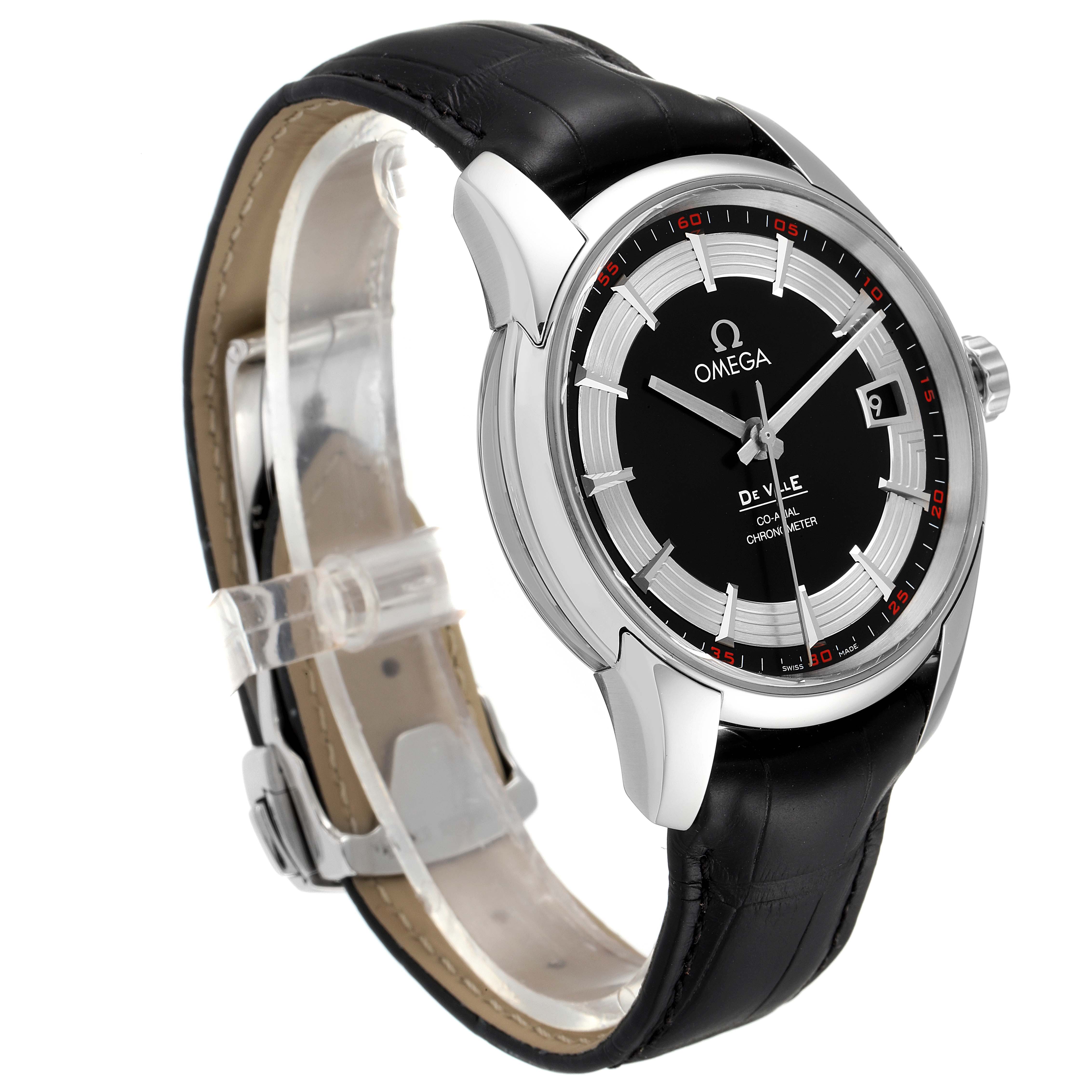 The image shows an angled view of the Omega De Ville 431.33.41.21.01.001 Men
s Stainless Steel Black Dial 431.33.41.21.01.001 Men
s Stainless Steel Black Dial watch, highlighting the dial, bezel, case, and black leather strap.