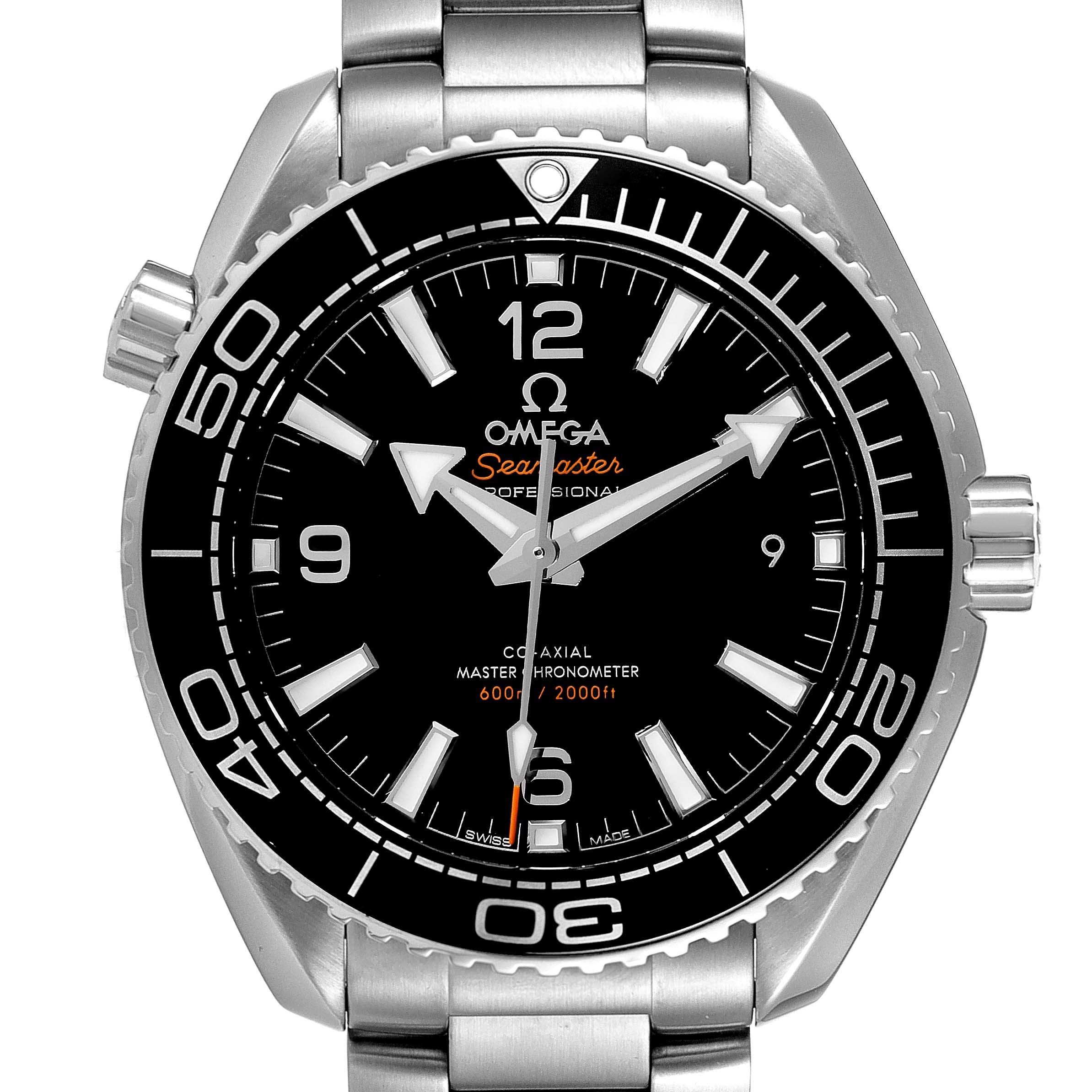 The image shows a frontal view of the Omega Planet Ocean 215.30.40.20.01.001 Men's Stainless Steel Black Dial 215.30.40.20.01.001 Men's Stainless Steel Black Dial Seamaster watch, highlighting its black dial, bezel, and stainless steel bracelet.