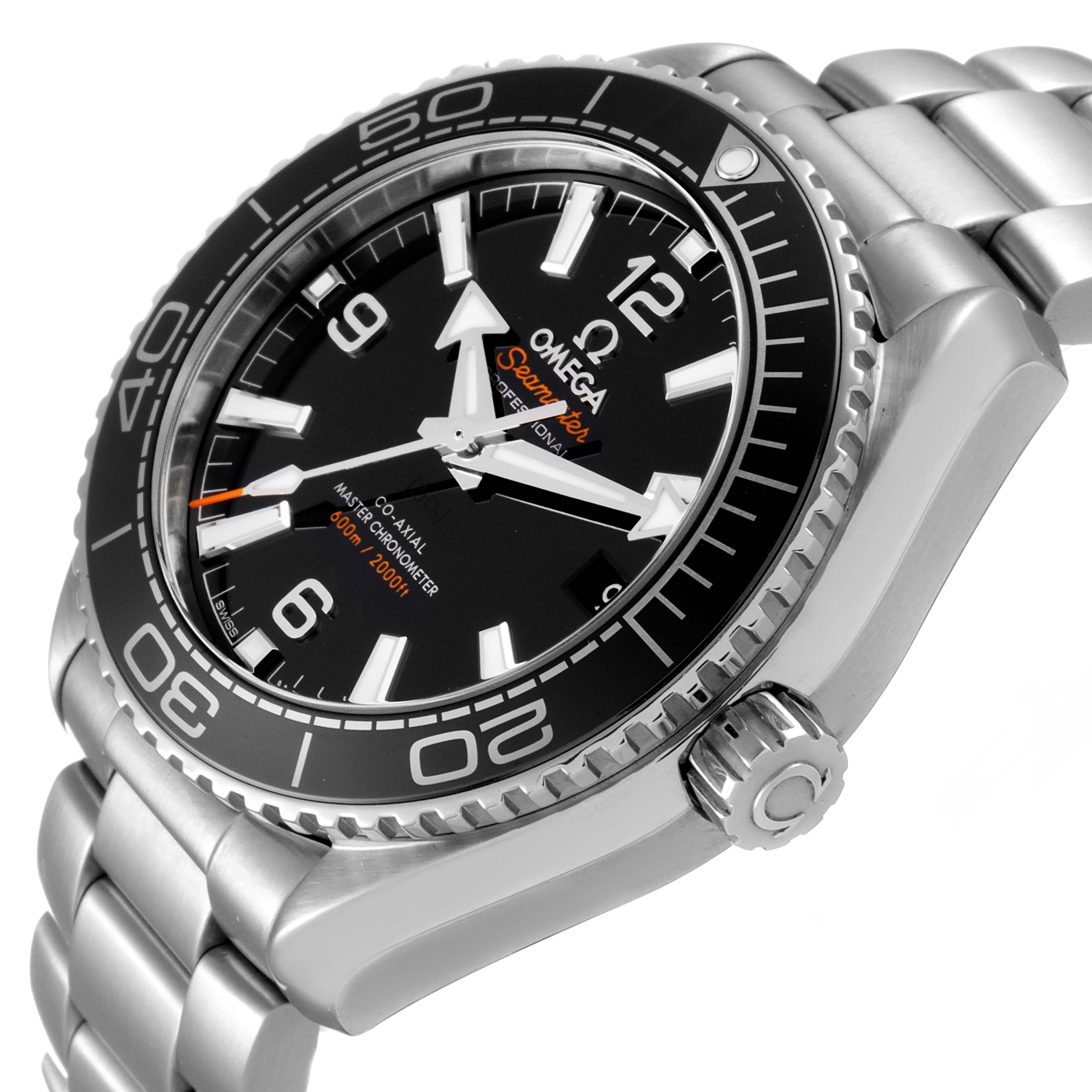 The image shows an angled view of the Omega Planet Ocean 215.30.40.20.01.001 Men's Stainless Steel Black Dial 215.30.40.20.01.001 Men's Stainless Steel Black Dial watch, highlighting its face, bezel, crown, and bracelet.