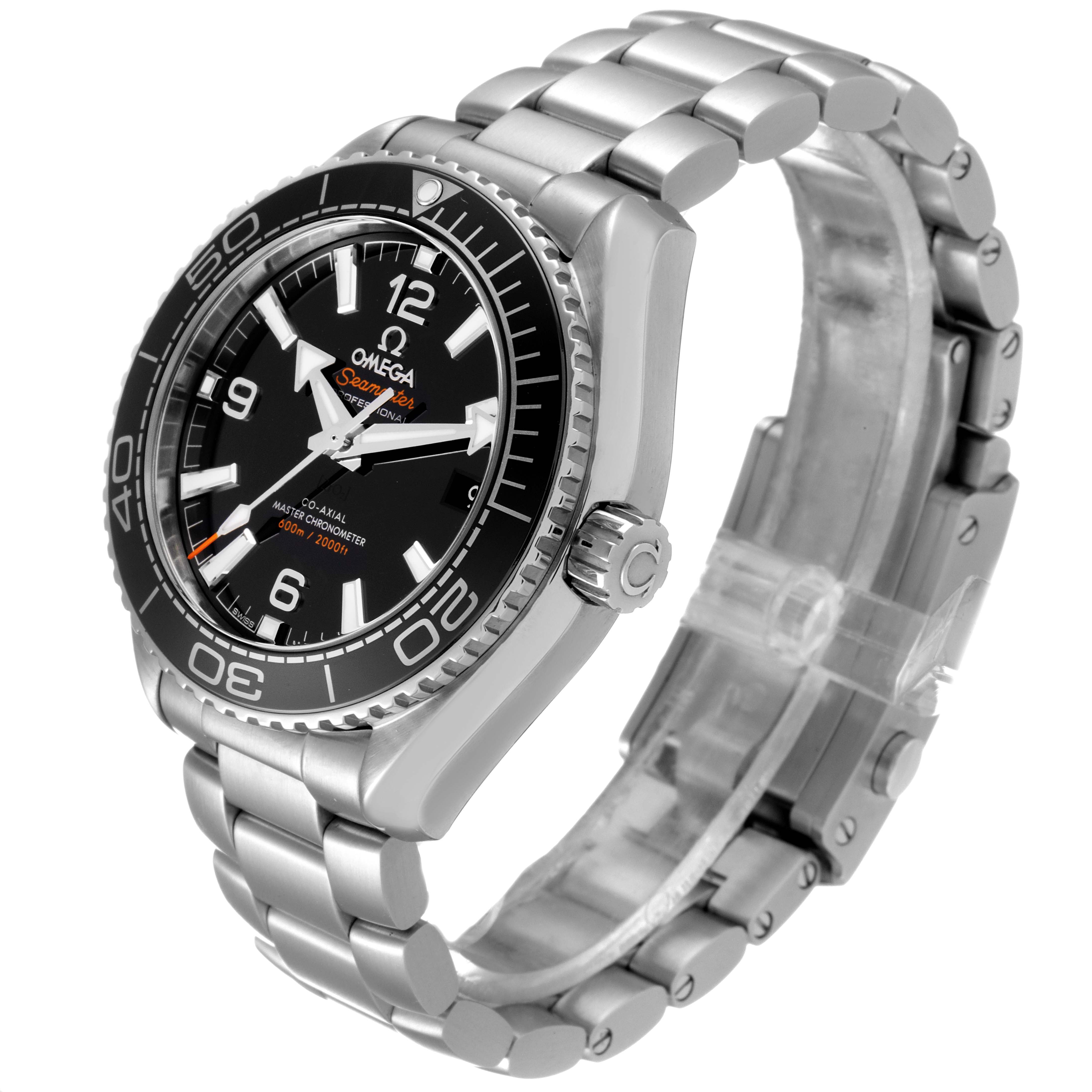 The image shows the Omega Planet Ocean 215.30.40.20.01.001 Men's Stainless Steel Black Dial 215.30.40.20.01.001 Men's Stainless Steel Black Dial watch at a 45-degree angle, highlighting the dial, bezel, crown, and metal bracelet.