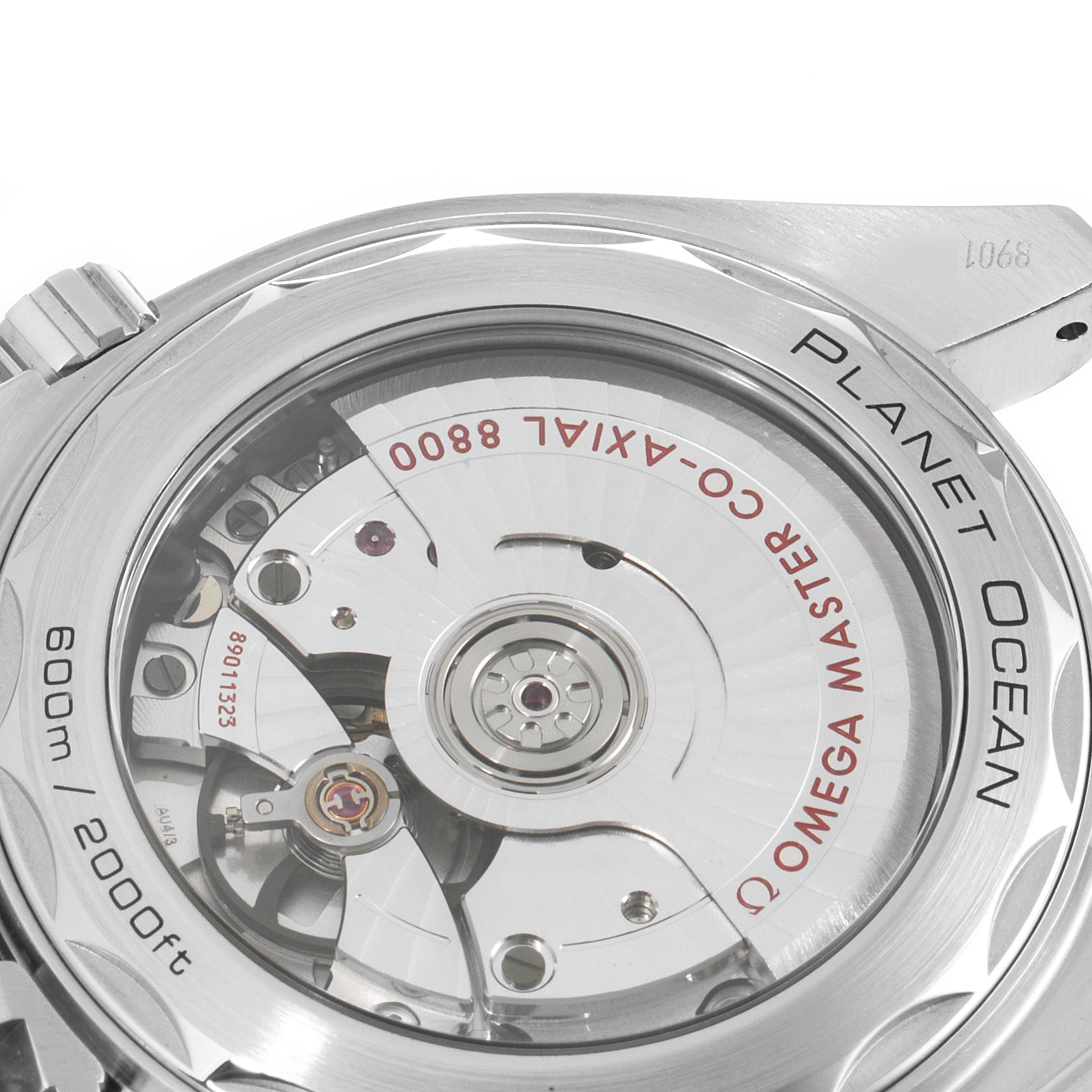 The image shows the back and internal mechanism of the Omega Planet Ocean 215.30.40.20.01.001 Men's Stainless Steel Black Dial 215.30.40.20.01.001 Men's Stainless Steel Black Dial watch, highlighting the Co-Axial Master Chronometer 8900 movement.