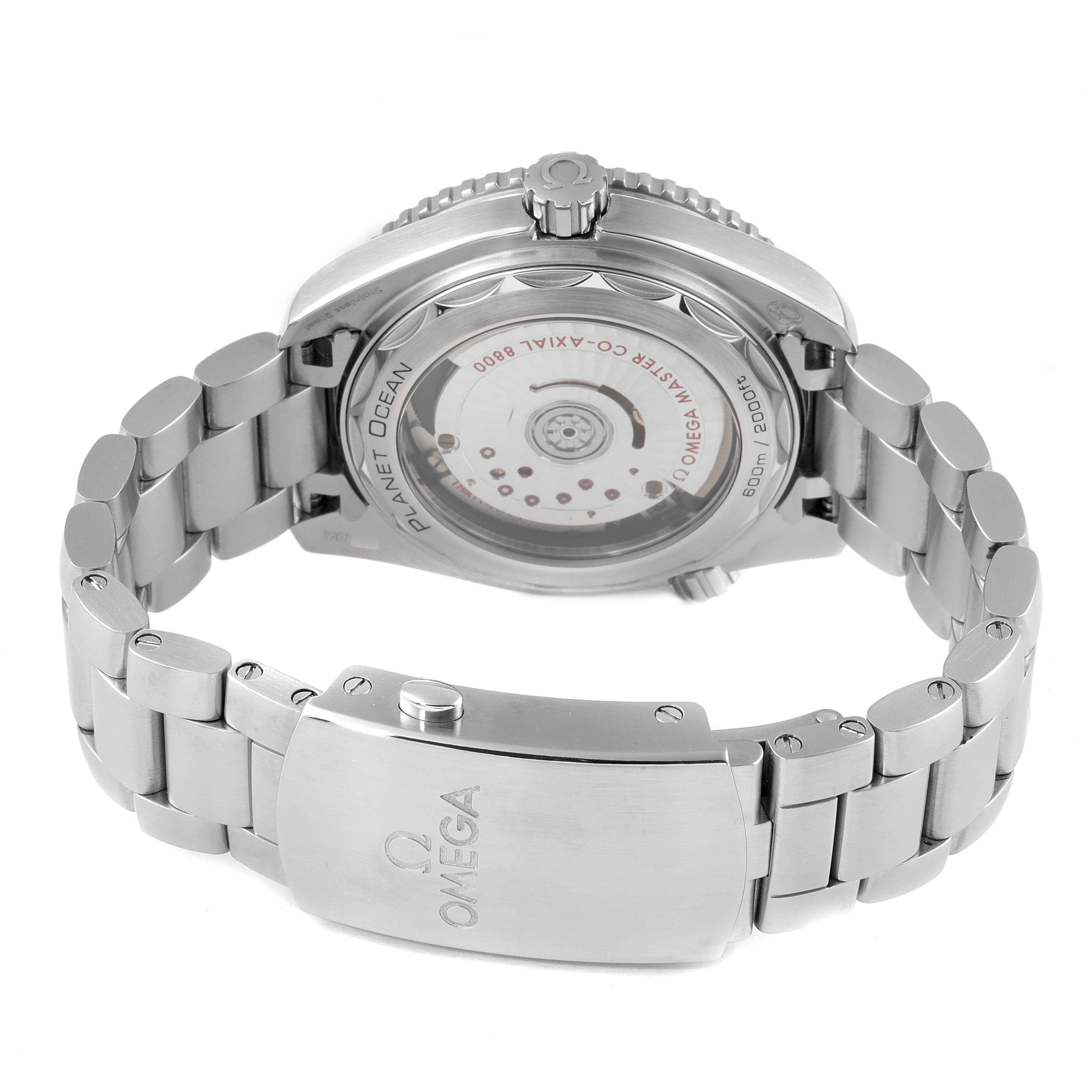 The image shows the back and bracelet of an Omega Planet Ocean 215.30.40.20.01.001 Men's Stainless Steel Black Dial 215.30.40.20.01.001 Men's Stainless Steel Black Dial watch, highlighting the transparent case back and clasp.