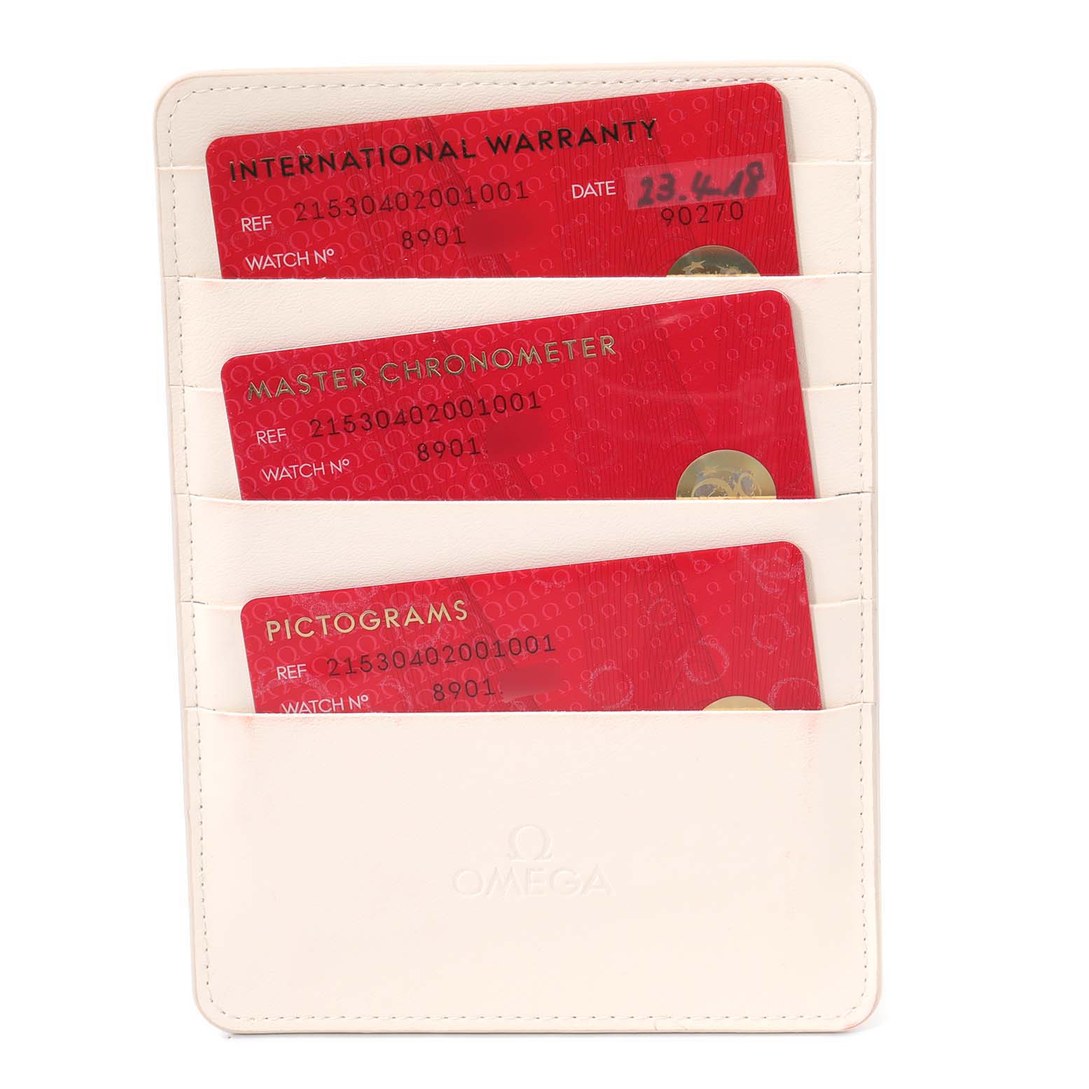 The image shows three red cards (International Warranty, Master Chronometer, and Pictograms) for the Omega Planet Ocean 215.30.40.20.01.001 Men's Stainless Steel Black Dial 215.30.40.20.01.001 Men's Stainless Steel Black Dial model in a white cardholder.