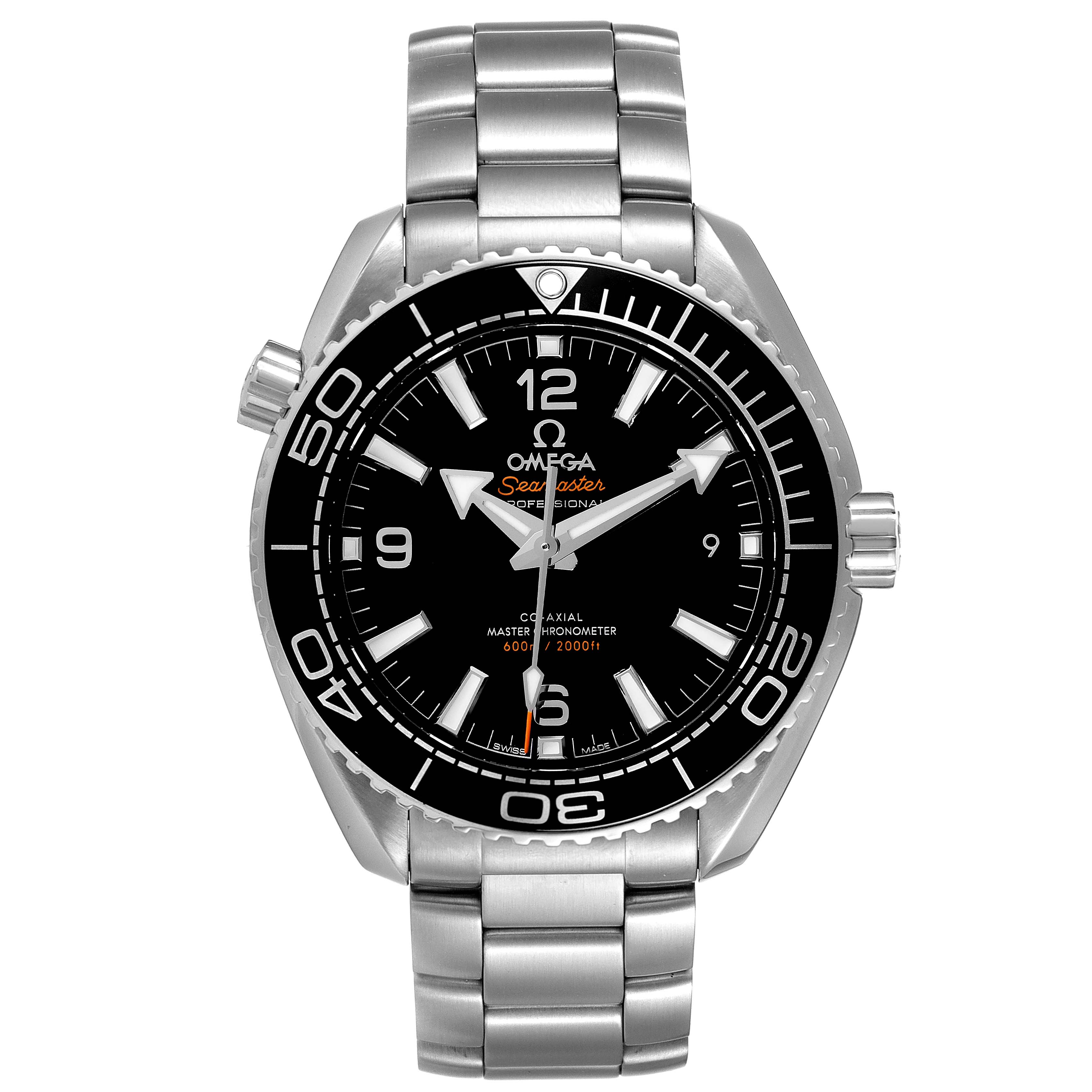 The image shows a front view of an Omega Planet Ocean 215.30.40.20.01.001 Men's Stainless Steel Black Dial 215.30.40.20.01.001 Men's Stainless Steel Black Dial watch, highlighting the dial, bezel, and bracelet.