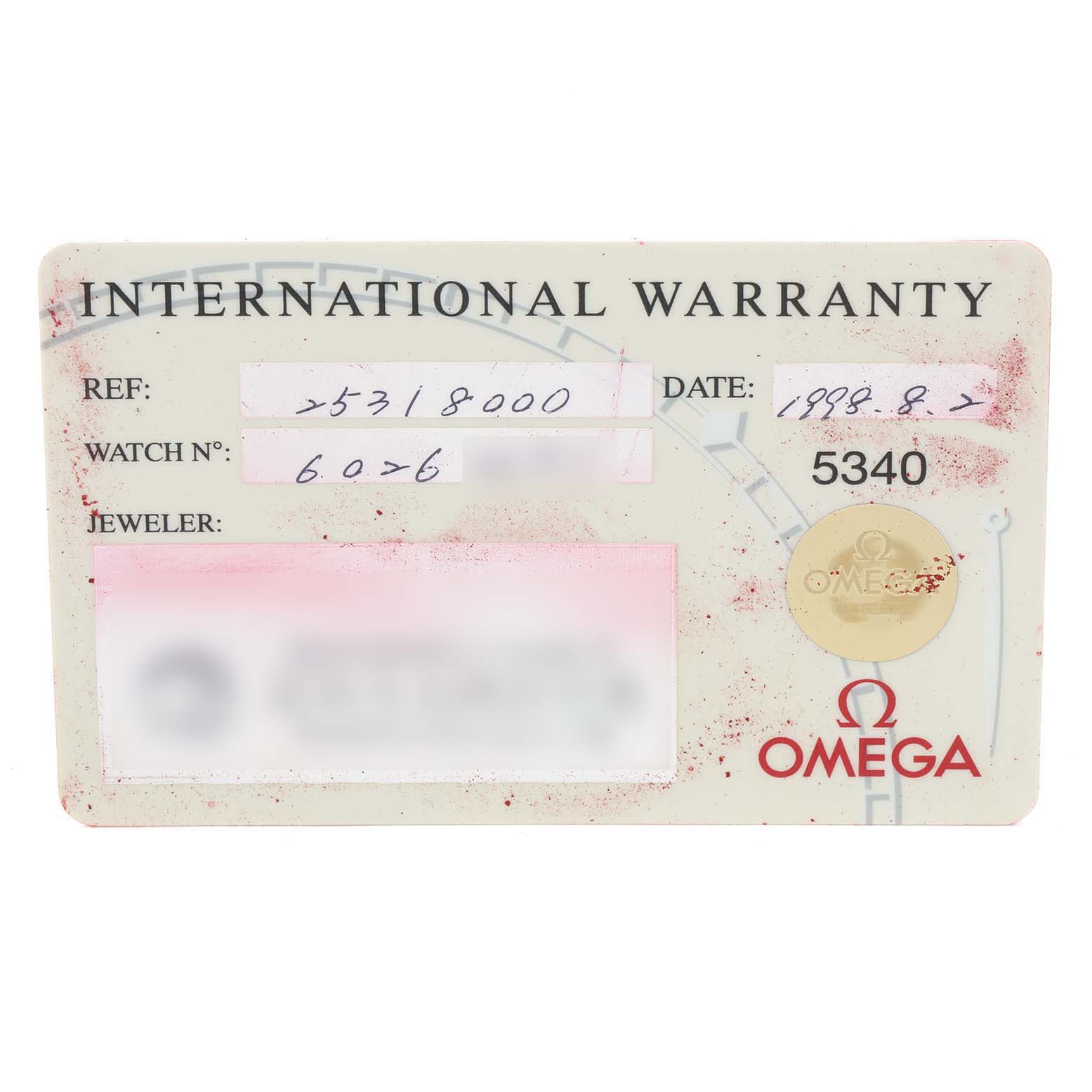 This is an international warranty card for the Omega Seamaster 2531.80.00 Men
s Stainless Steel Blue Dial 2531.80.00 Men
s Stainless Steel Blue Dial watch, showing reference number, date, watch number, jeweler, and Omega logo.