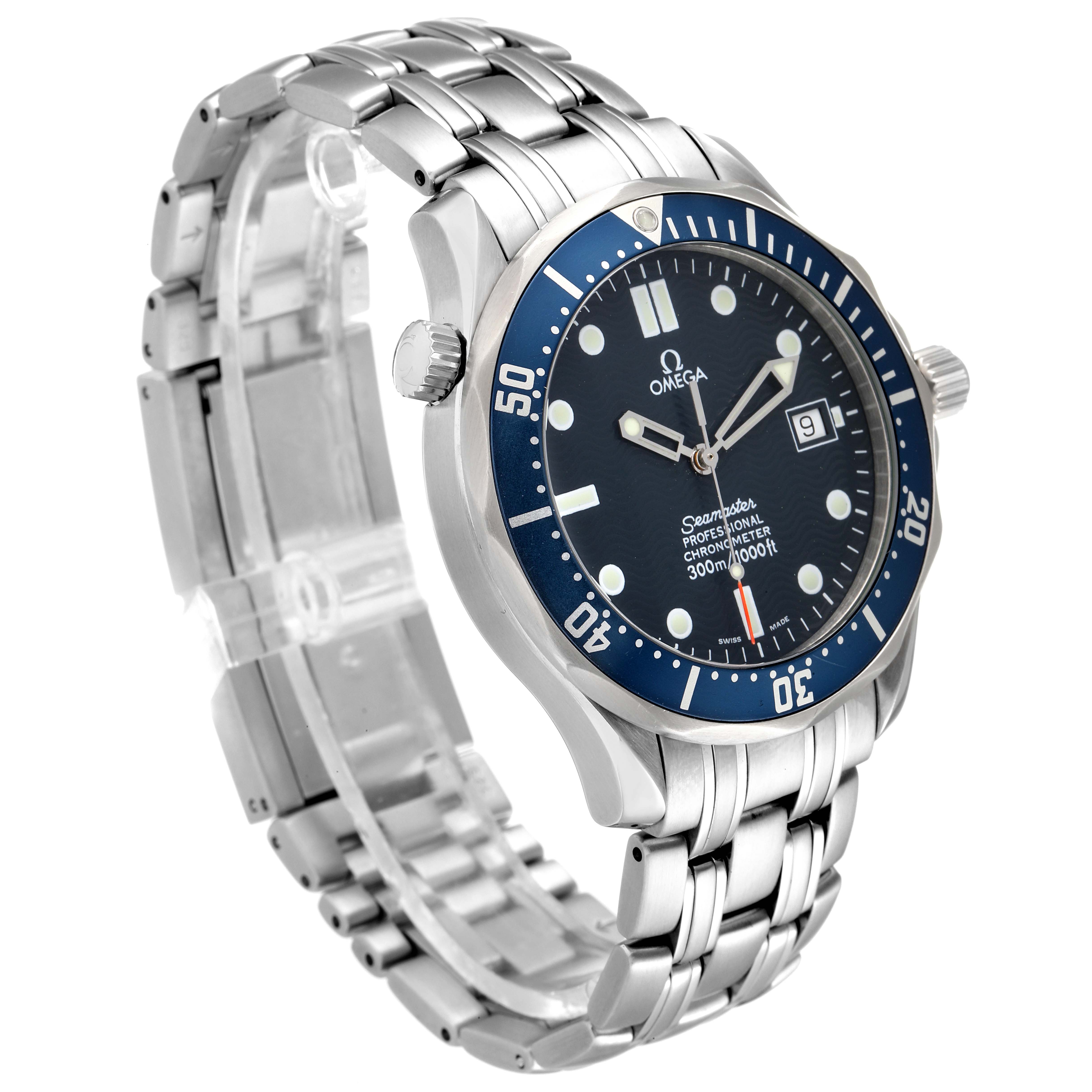 The Omega Seamaster 2531.80.00 Men
s Stainless Steel Blue Dial 2531.80.00 Men
s Stainless Steel Blue Dial watch is shown at a slight angle, displaying its blue dial, metal bracelet, and open clasp.