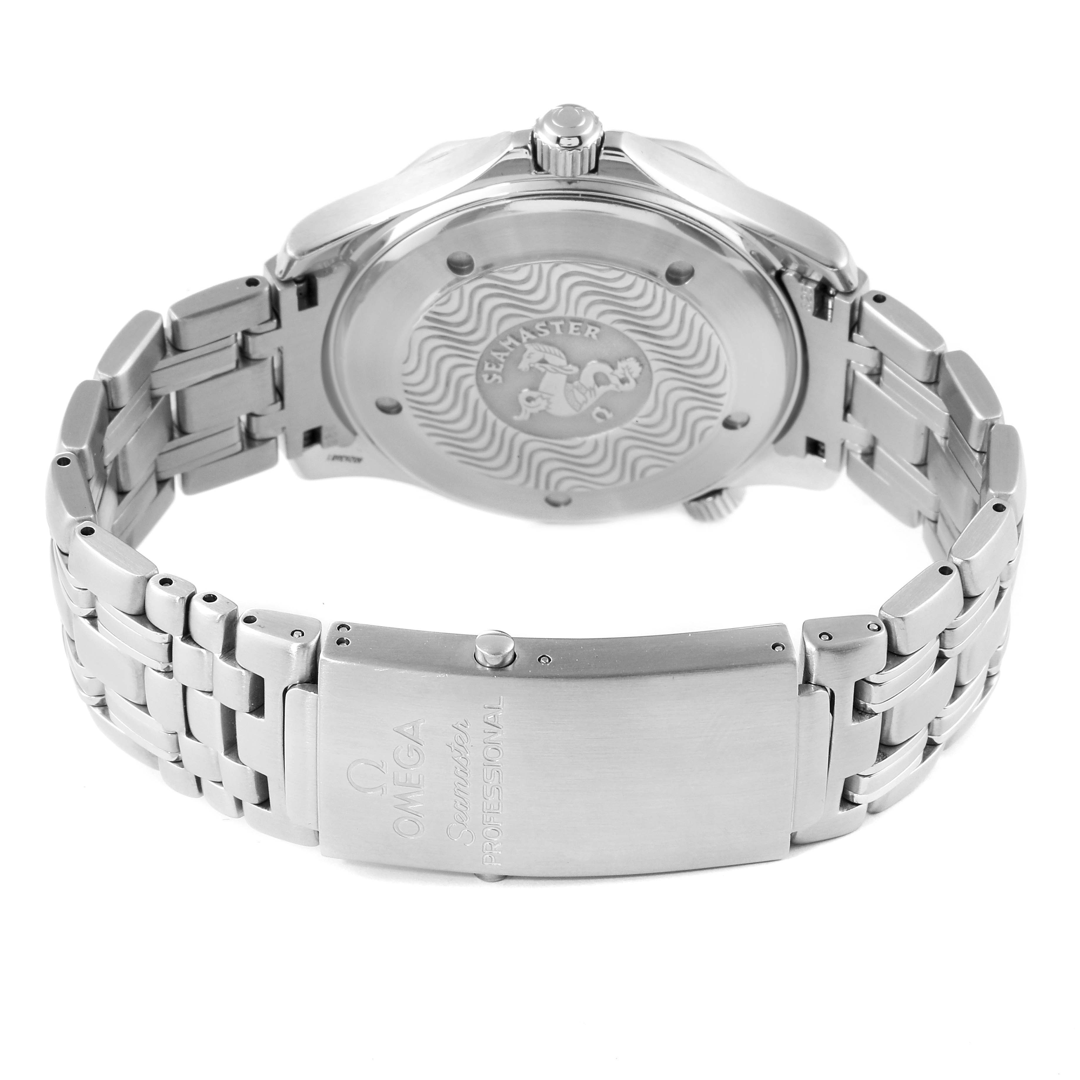 The image shows the back case, bracelet, and clasp of an Omega Seamaster 2531.80.00 Men
s Stainless Steel Blue Dial 2531.80.00 Men
s Stainless Steel Blue Dial watch from a rear angle.