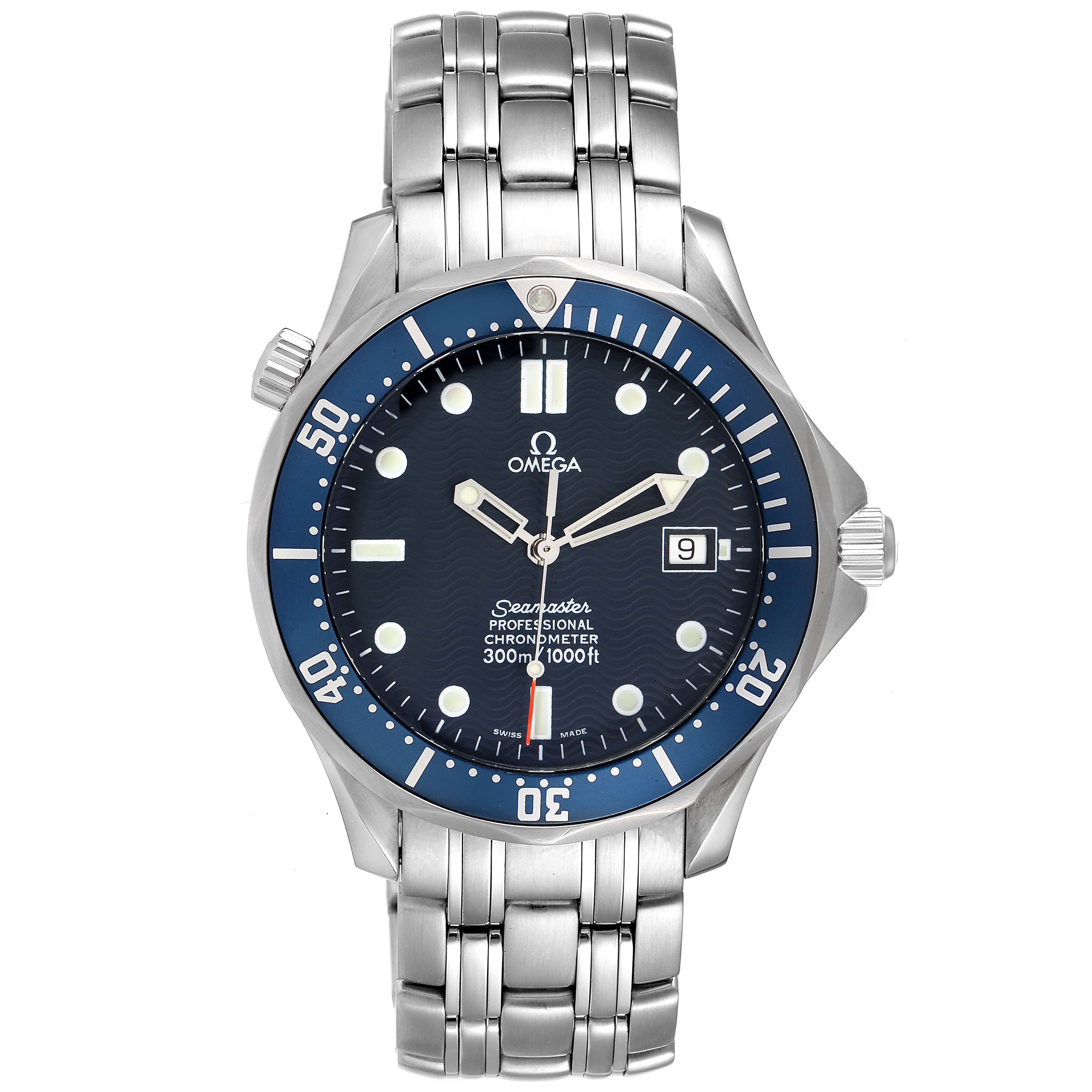 The image shows a front view of an Omega Seamaster 2531.80.00 Men
s Stainless Steel Blue Dial 2531.80.00 Men
s Stainless Steel Blue Dial watch, featuring the dial, bezel, bracelet, and crown.