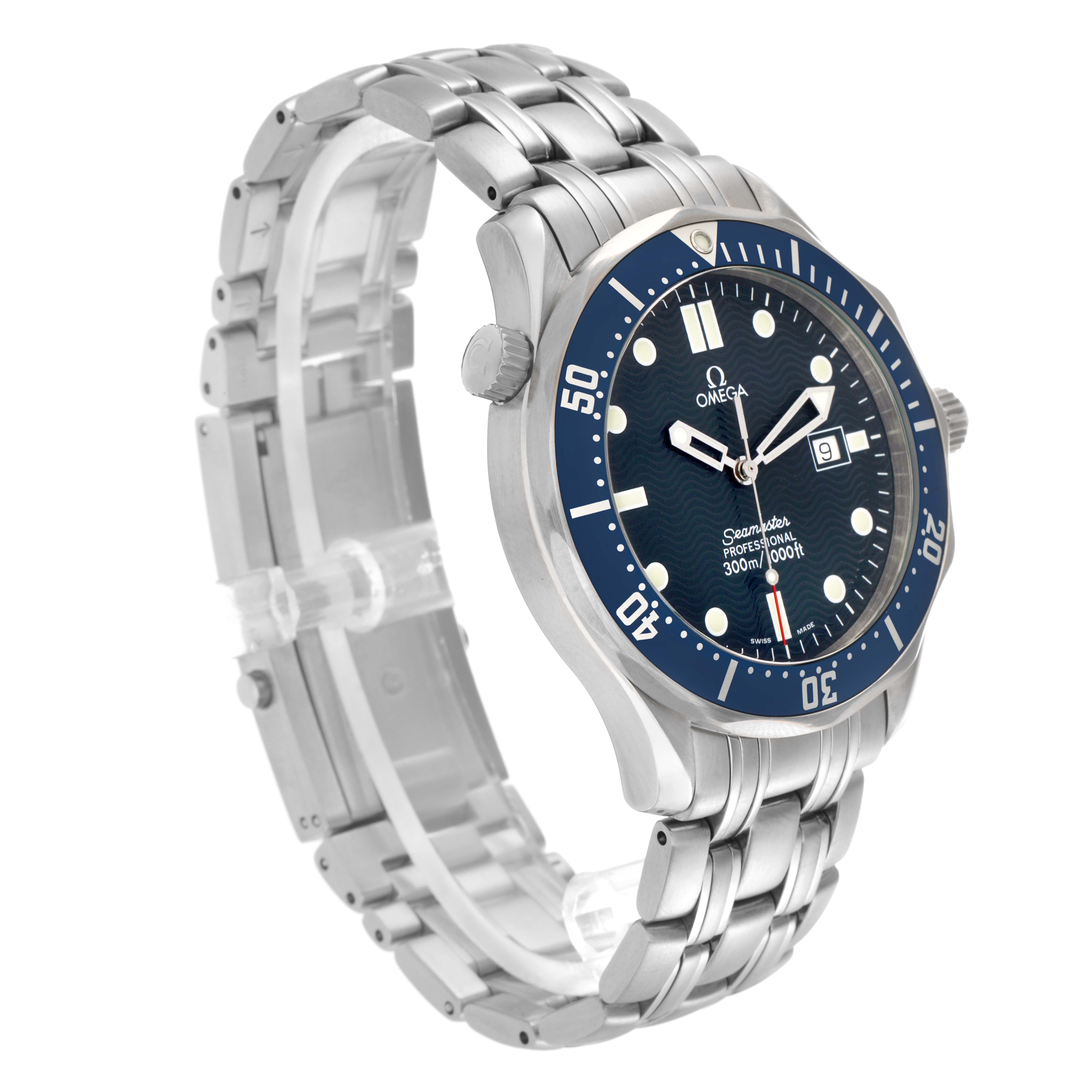 The Omega Seamaster 2541.80.00 Men
s Stainless Steel Blue Dial 2541.80.00 Men
s Stainless Steel Blue Dial watch is shown at a three-quarter angle, highlighting its dial, bezel, and stainless steel bracelet.