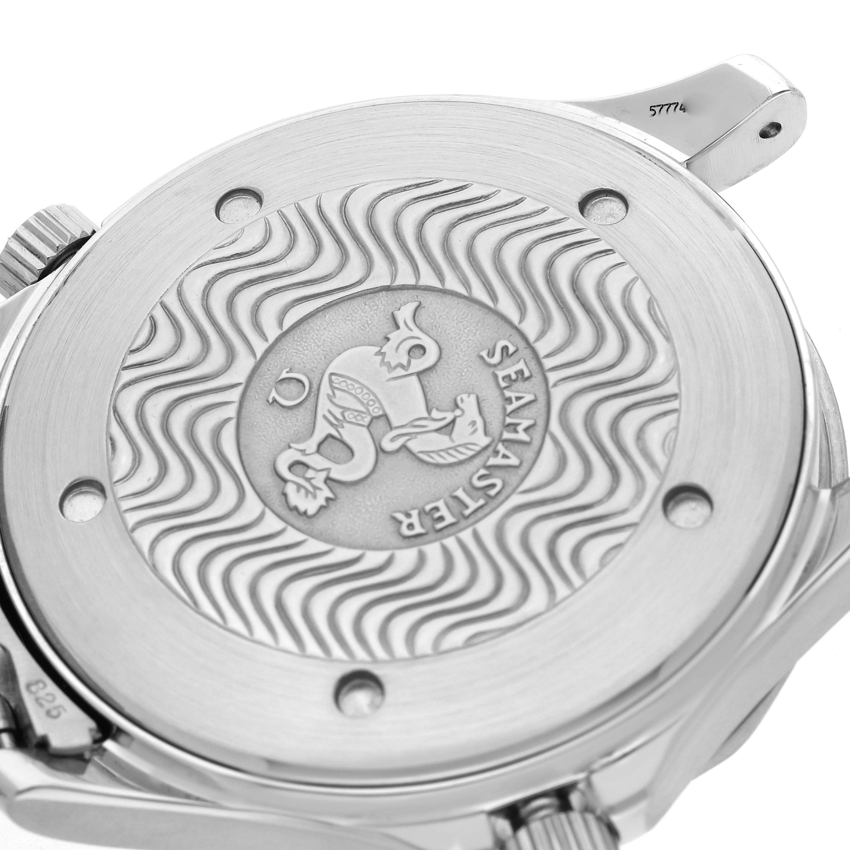 The image shows the back of an Omega Seamaster 2541.80.00 Men
s Stainless Steel Blue Dial 2541.80.00 Men
s Stainless Steel Blue Dial watch at an angle, highlighting the engraved emblem and wave pattern.