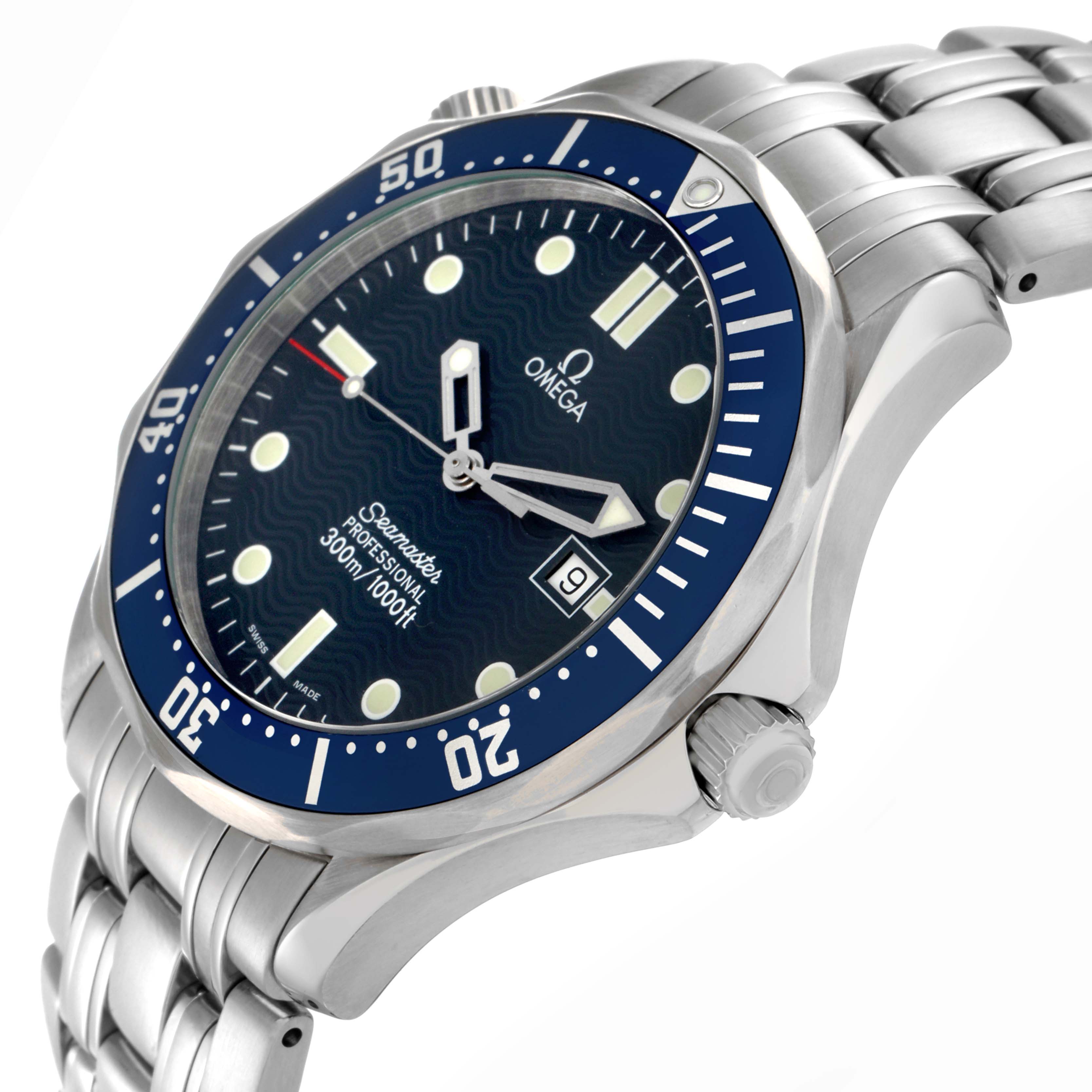 The Omega Seamaster 2541.80.00 Men
s Stainless Steel Blue Dial 2541.80.00 Men
s Stainless Steel Blue Dial watch is shown from a three-quarter angle, highlighting the dial, bezel, crown, and part of the bracelet.