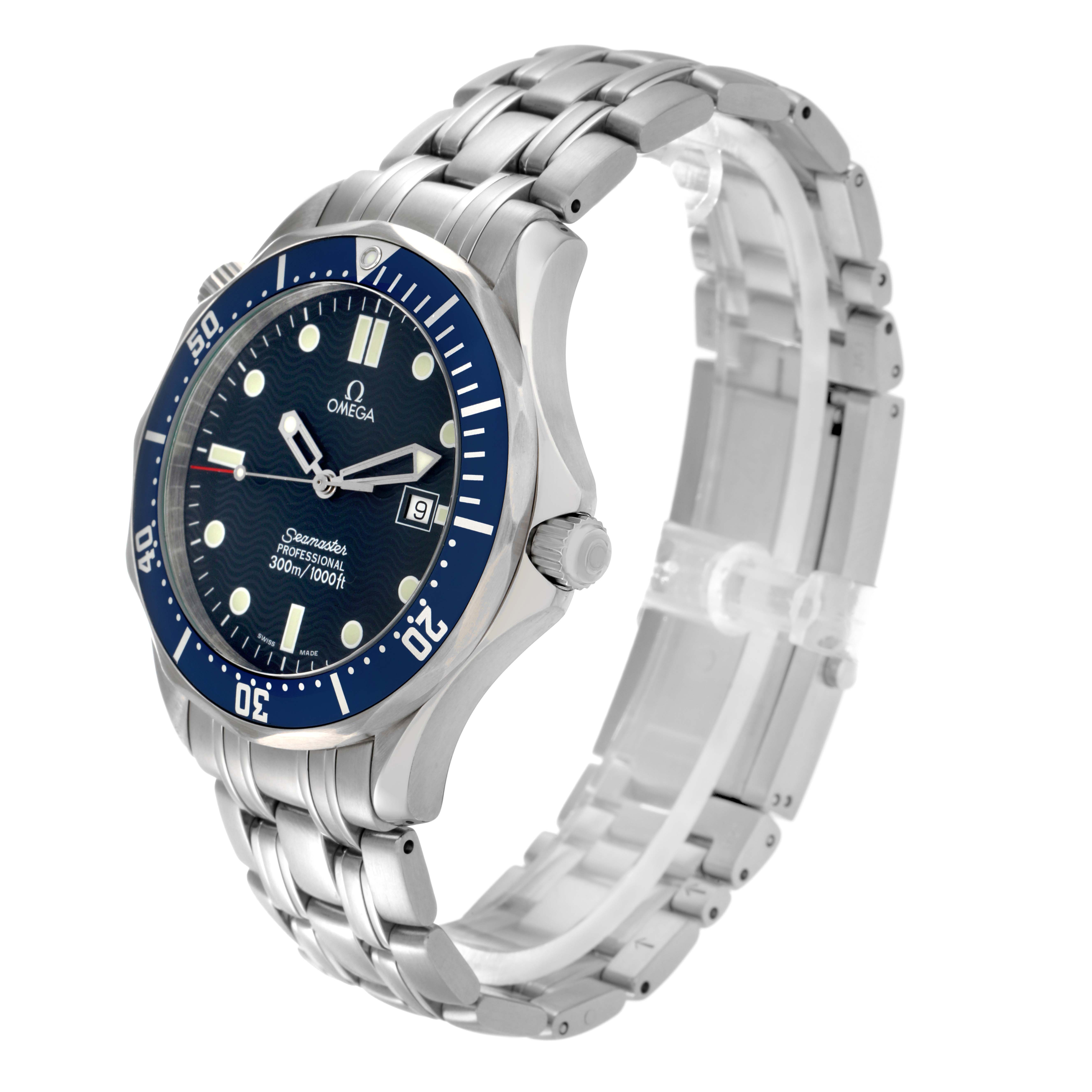 The Omega Seamaster 2541.80.00 Men
s Stainless Steel Blue Dial 2541.80.00 Men
s Stainless Steel Blue Dial watch is shown at an angle emphasizing the face, bezel, crown, and stainless steel bracelet.