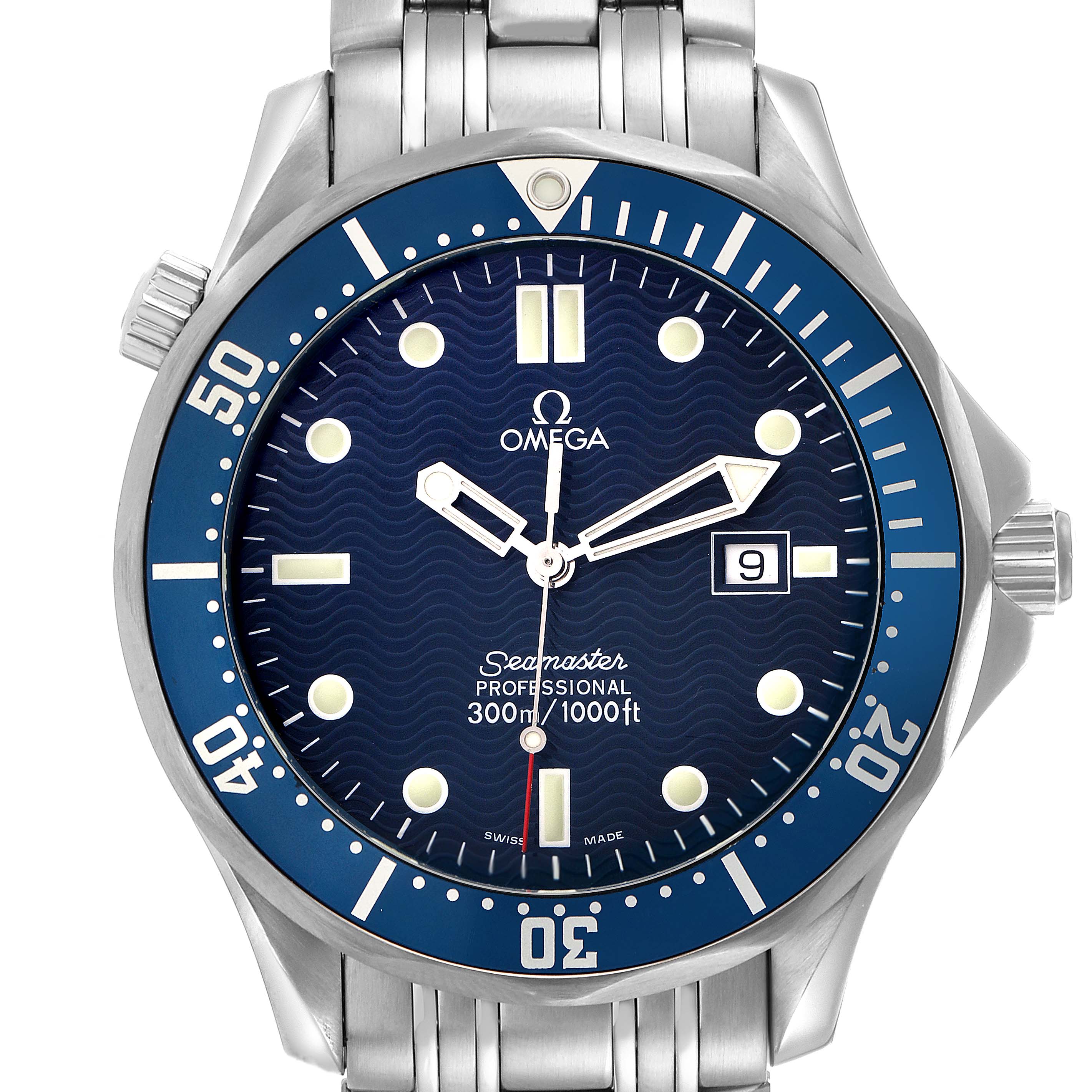 The Omega Seamaster 2541.80.00 Men
s Stainless Steel Blue Dial 2541.80.00 Men
s Stainless Steel Blue Dial watch is shown from the front, highlighting the face, bezel, and bracelet.