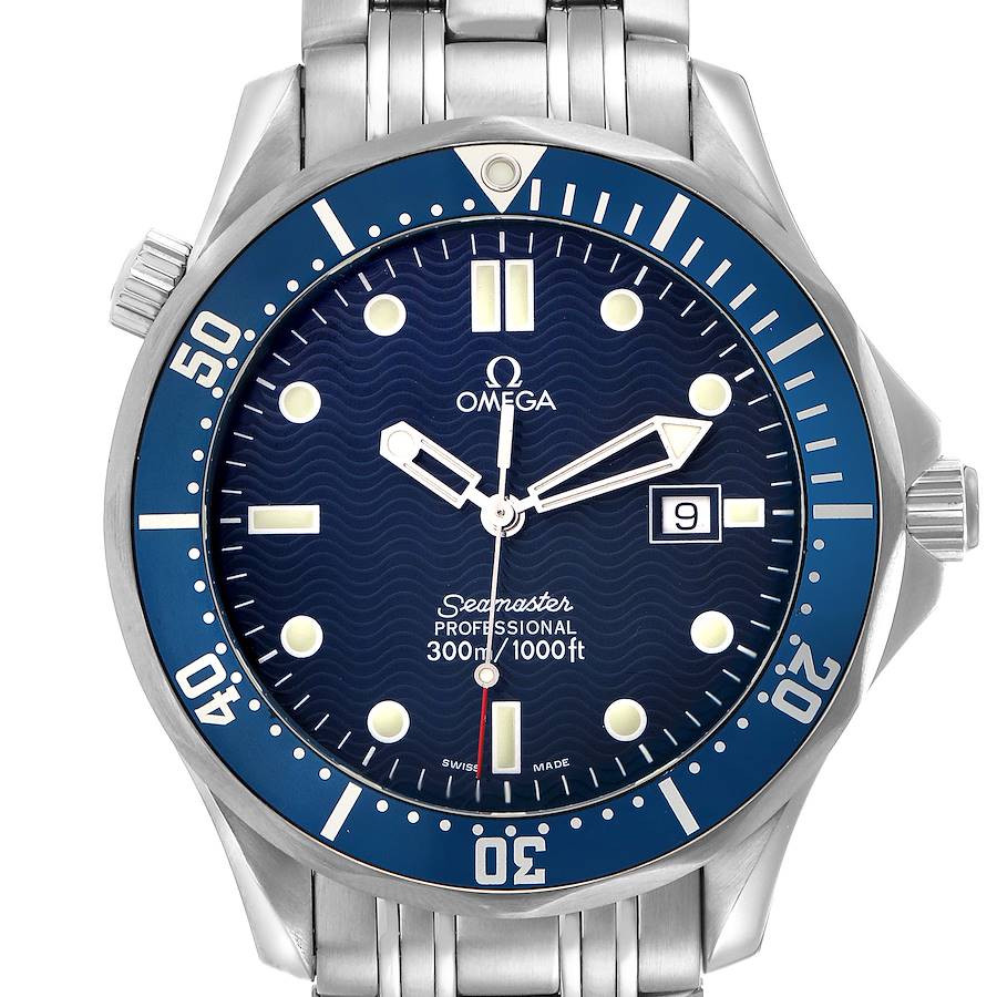 The Omega Seamaster watch is shown from the front, highlighting the face, bezel, and bracelet.