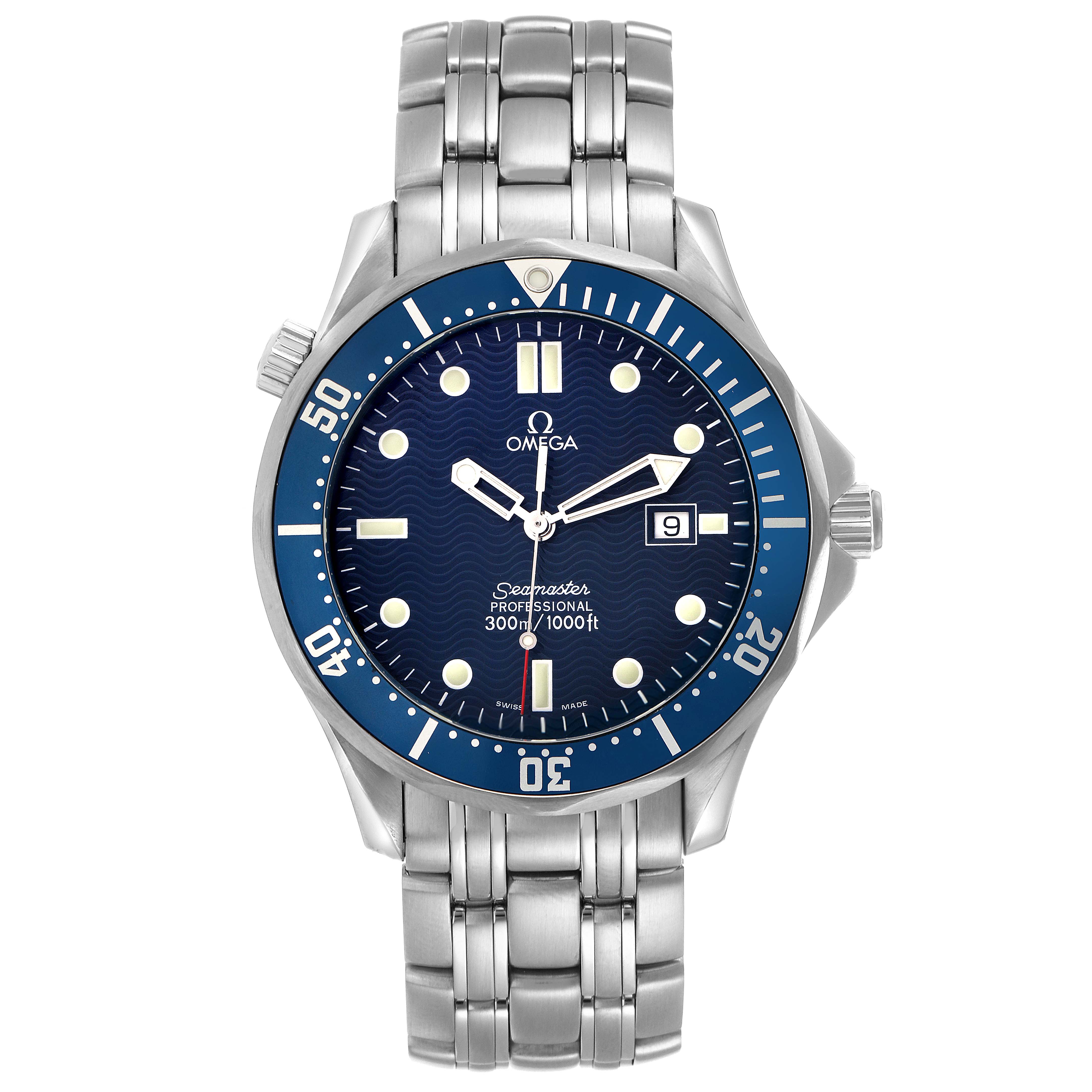 The Omega Seamaster 2541.80.00 Men
s Stainless Steel Blue Dial 2541.80.00 Men
s Stainless Steel Blue Dial watch is shown from a front angle, displaying its blue dial, bezel, and metal bracelet.