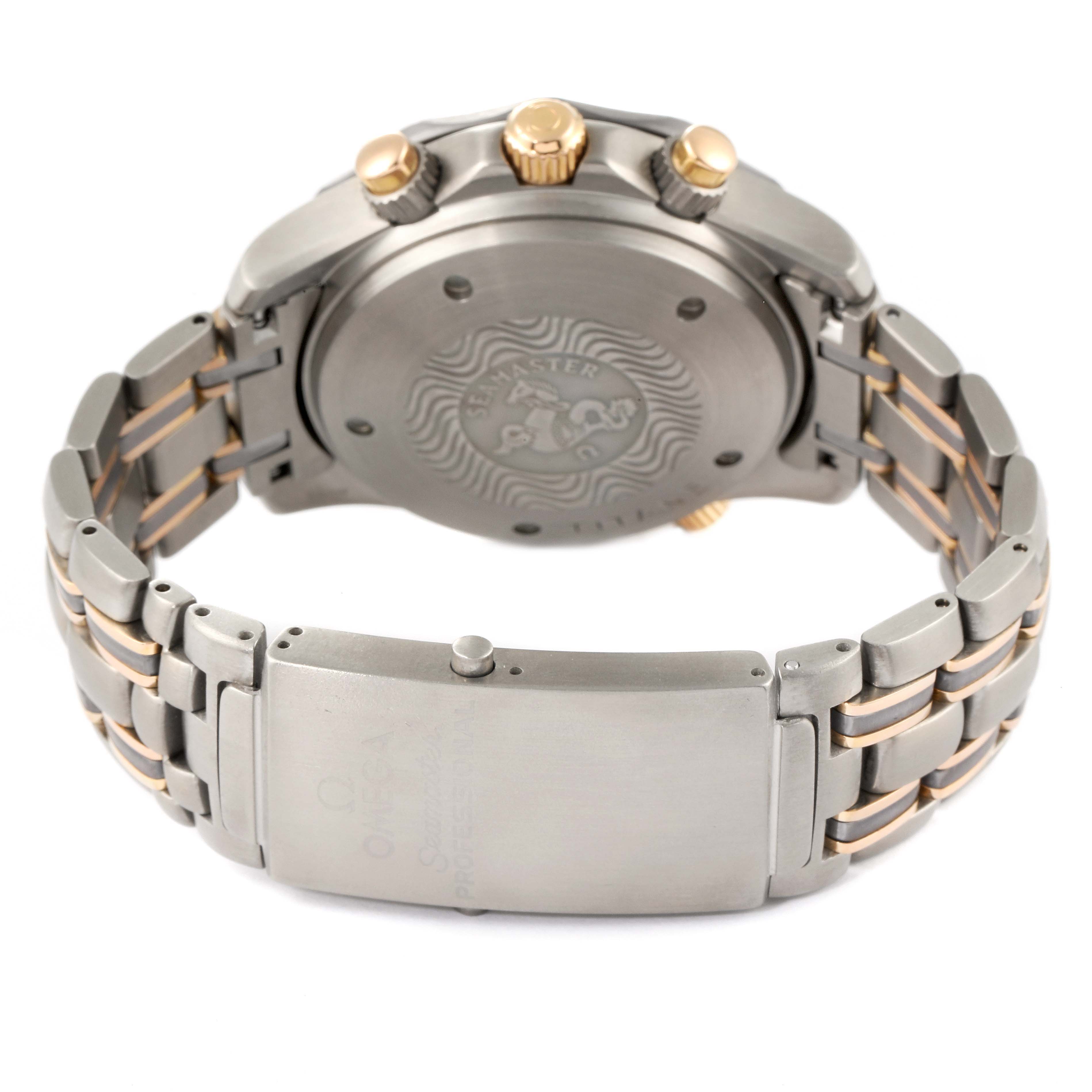 The image shows the back of the Omega Seamaster 2296.80.00 Men
s Titanium Blue Dial 2296.80.00 Men
s Titanium Blue Dial watch, highlighting the case back, crown, pushers, and bracelet clasp.