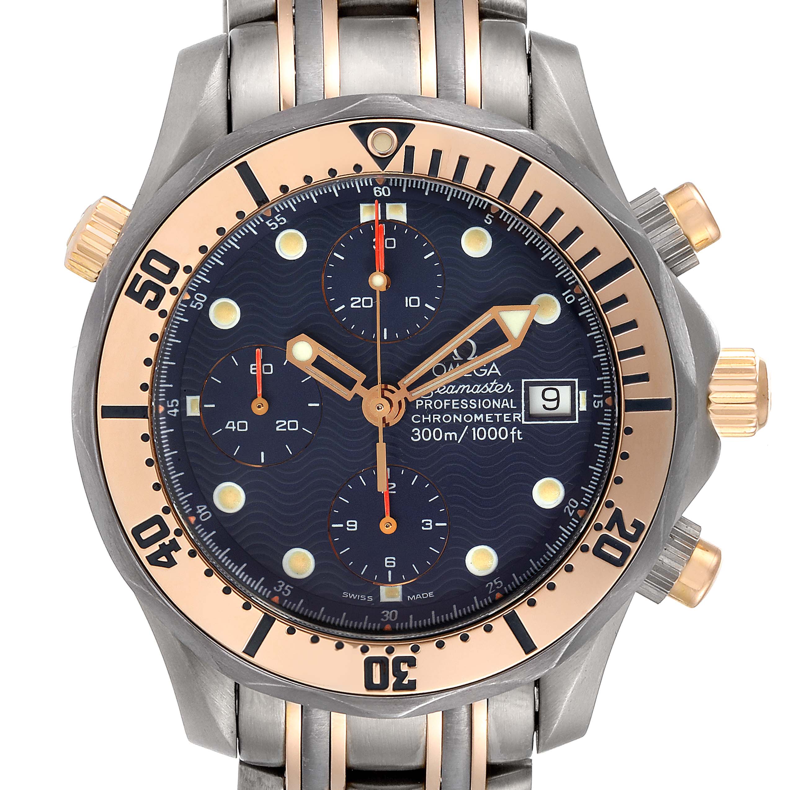 This image shows a front view of the Omega Seamaster 2296.80.00 Men
s Titanium Blue Dial 2296.80.00 Men
s Titanium Blue Dial, highlighting its dial, bezel, and crown.