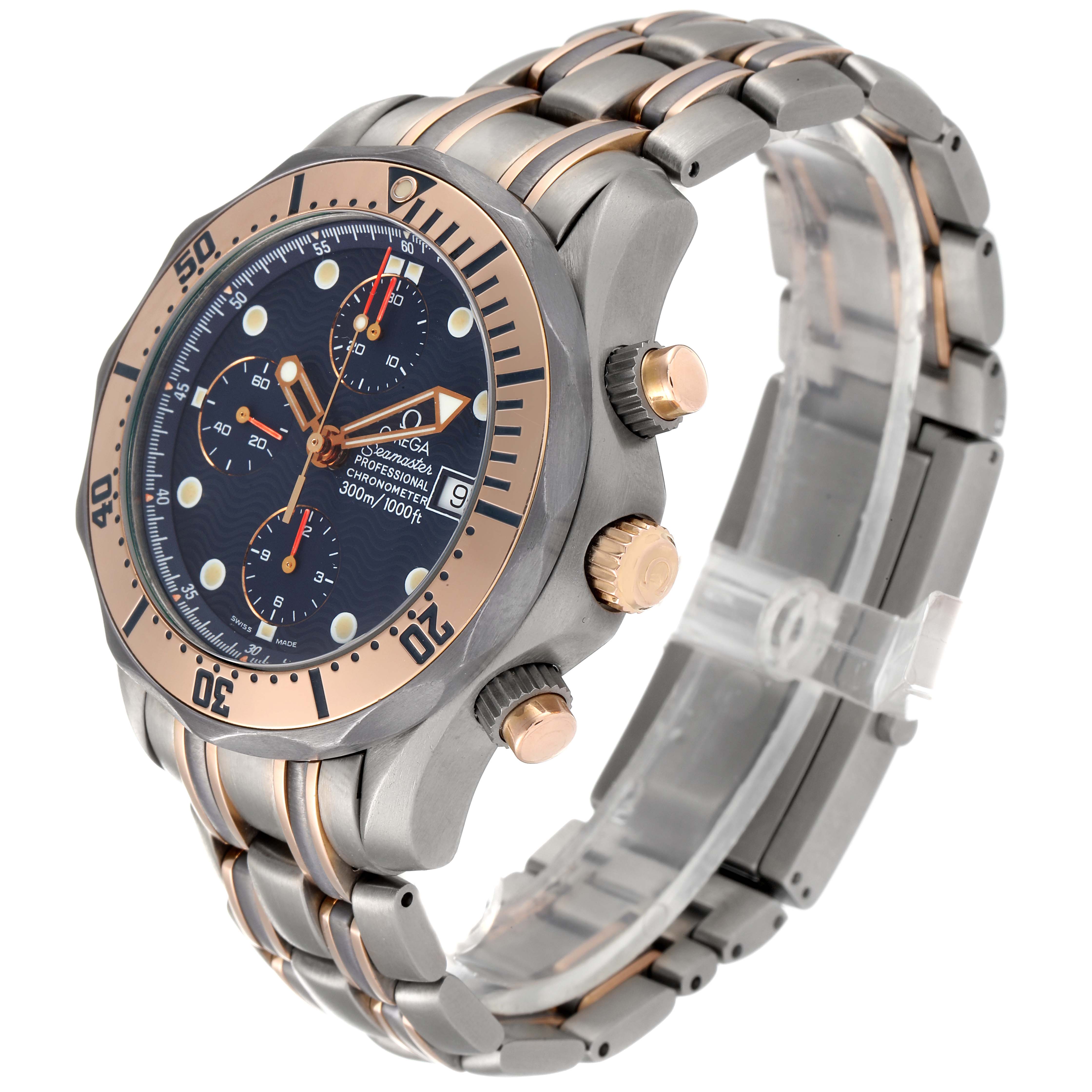 The Omega Seamaster 2296.80.00 Men
s Titanium Blue Dial 2296.80.00 Men
s Titanium Blue Dial watch is shown at a three-quarter angle, displaying the face, bezel, crown, and partial bracelet.