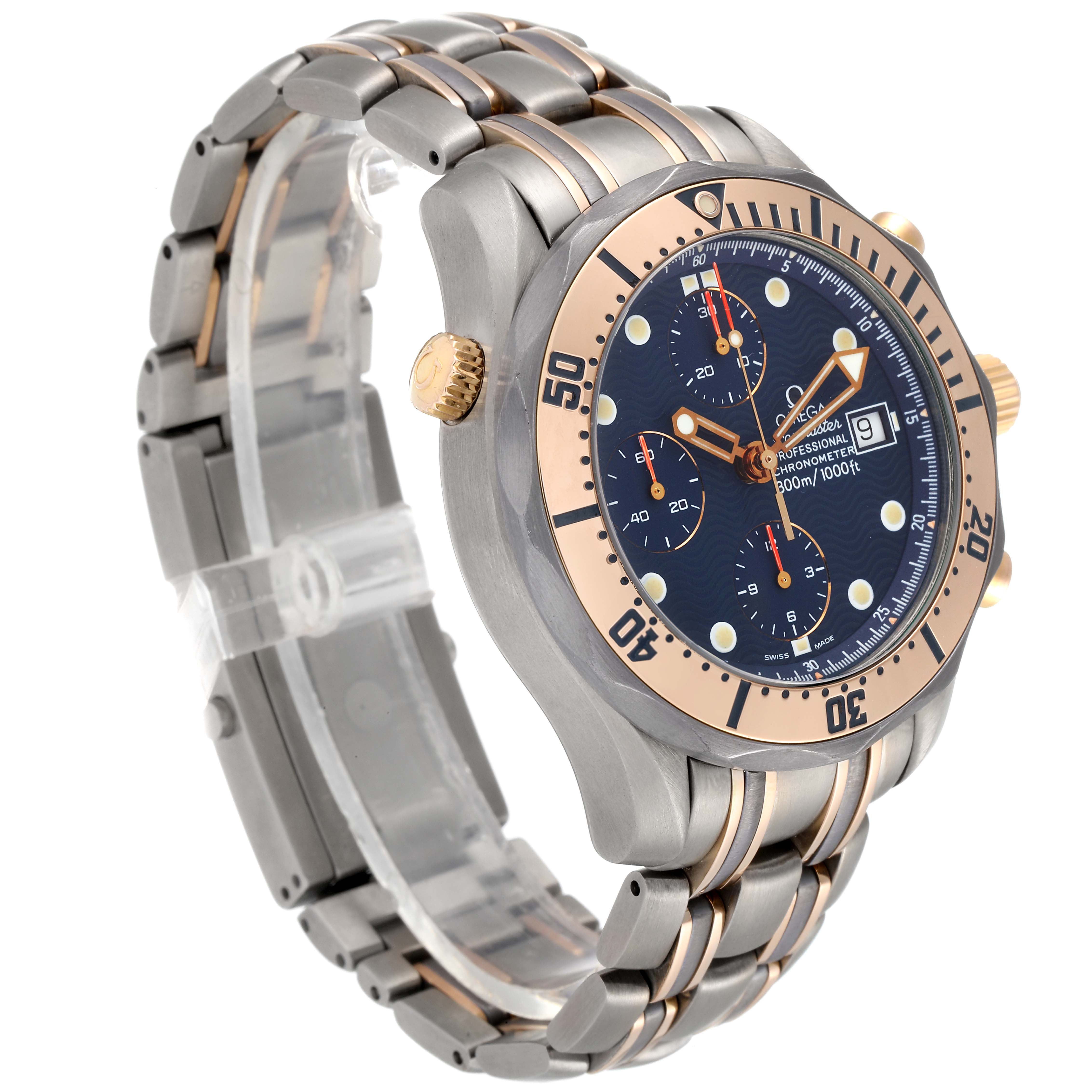 The Omega Seamaster 2296.80.00 Men
s Titanium Blue Dial 2296.80.00 Men
s Titanium Blue Dial watch is shown in a three-quarter angle, highlighting the bezel, face, and two-tone bracelet.