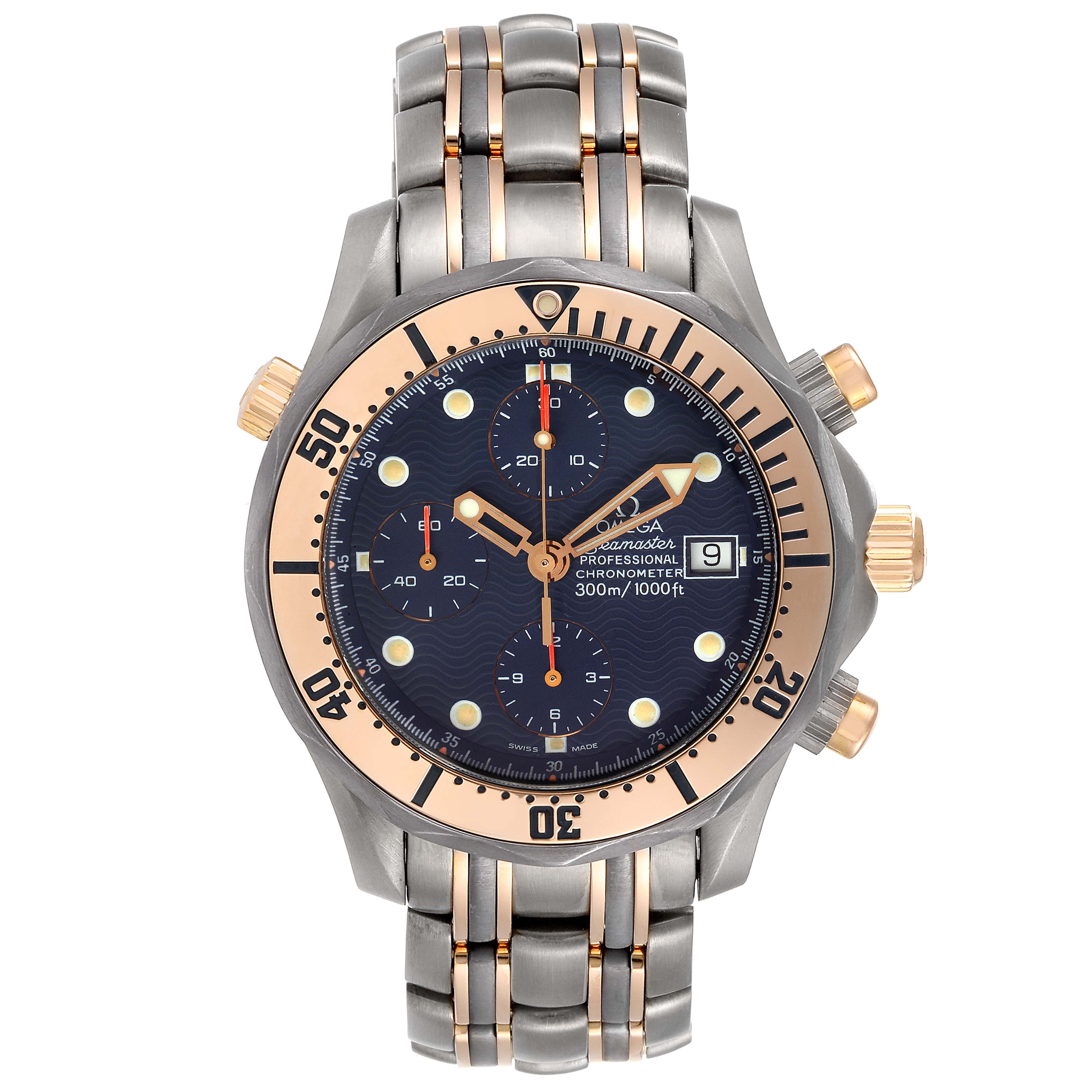 This is an Omega Seamaster 2296.80.00 Men
s Titanium Blue Dial 2296.80.00 Men
s Titanium Blue Dial watch, shown from the front, featuring a blue dial, gold bezel, and stainless steel and gold bracelet.